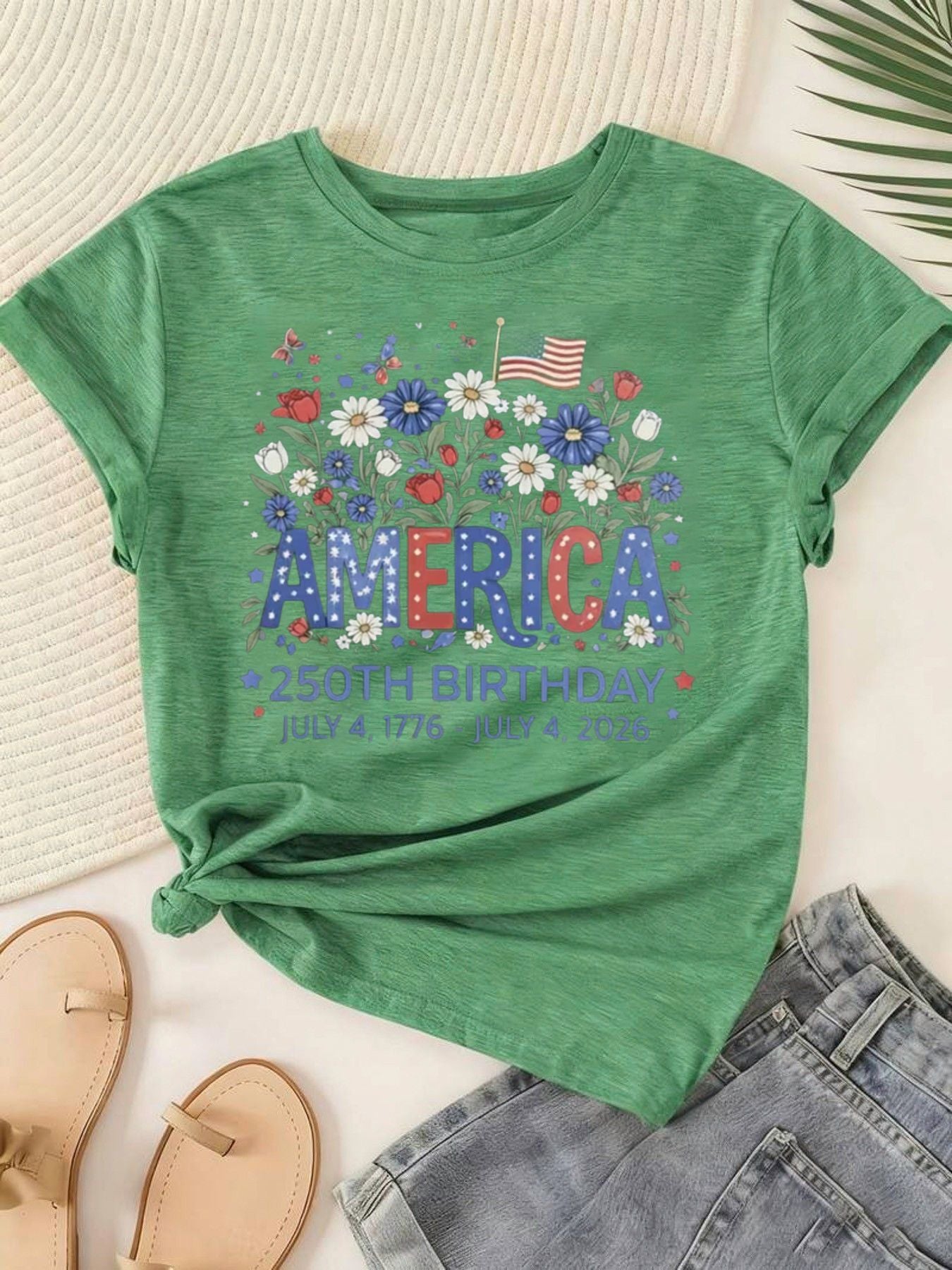 Women's Floral Flag 250 Print to Celebrate The 250Th Birthday of America, 4th of July Tee