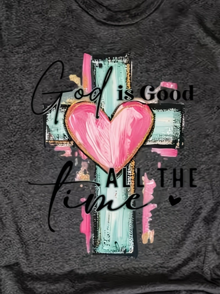 Women's God is Good Cross Heart Faith T-Shirt, Women Faith Tee