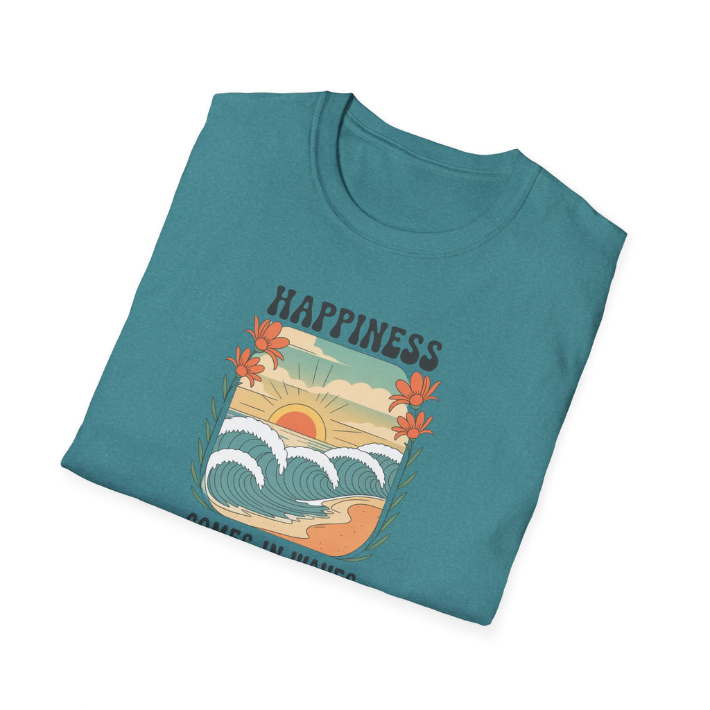 Happiness Comes in Waves T-Shirt, Unisex Softstyle Tee, Summer Graphic Tee, Beach Lover Shirt, Vacation Outfit, Gift for Nature Lovers