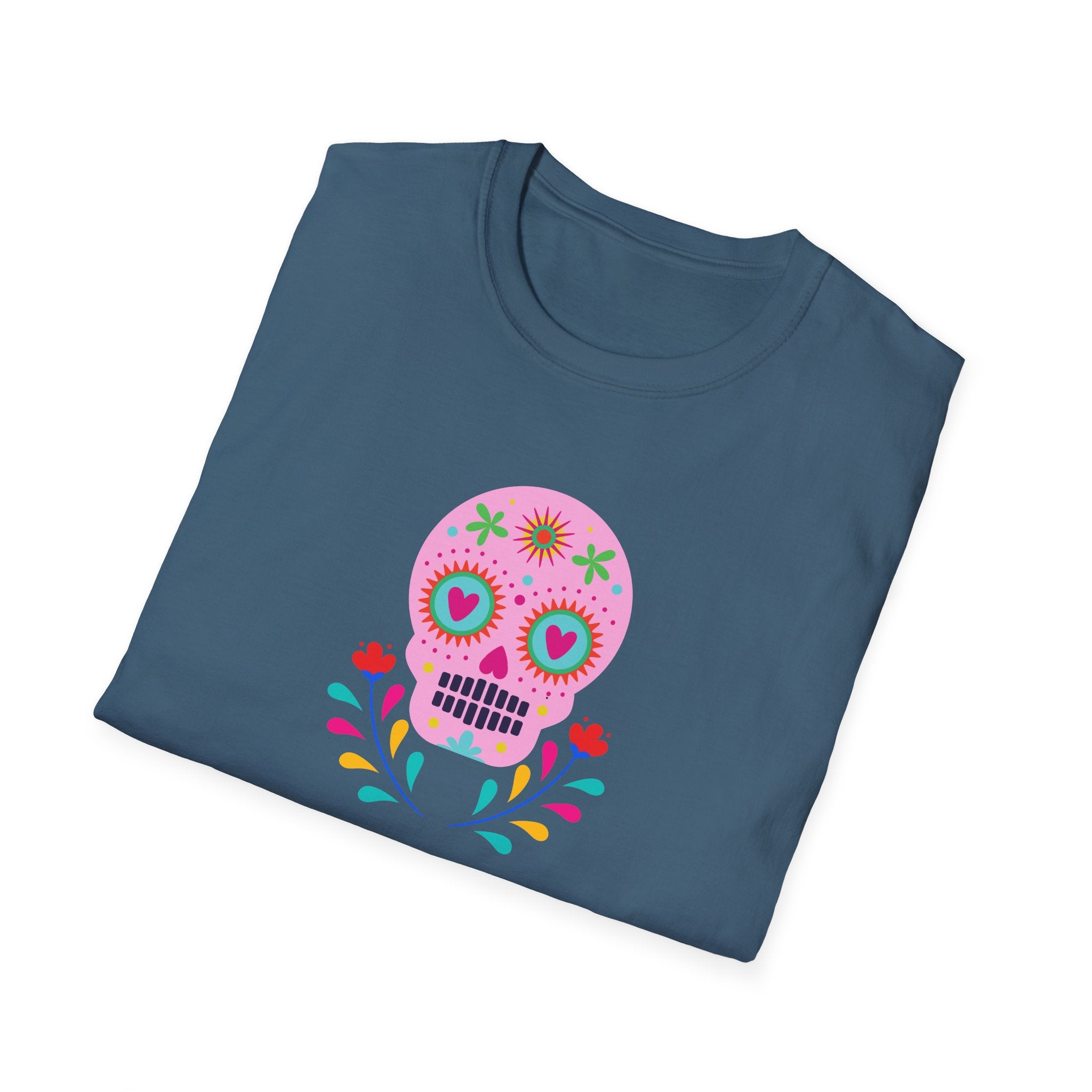 Colorful Skull Graphic T-Shirt, Day of the Dead Shirt, Unisex Softstyle Tee for Celebrations, Gifts for Her & Him