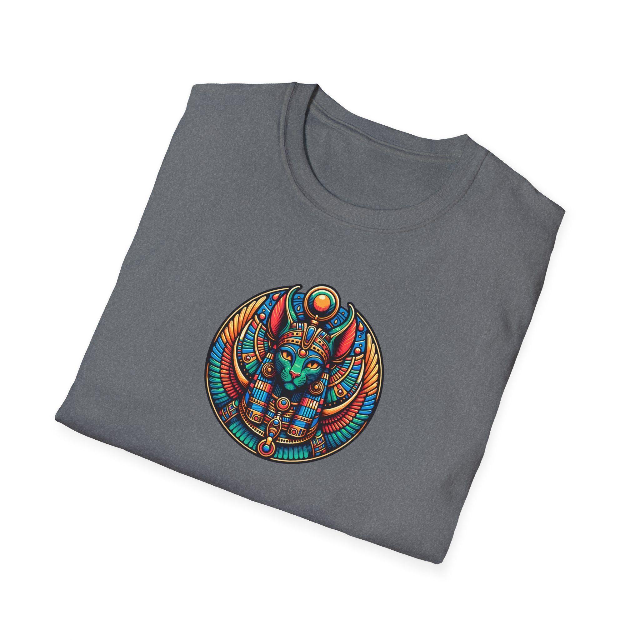 Egyptian Goddess Unisex Softstyle T-Shirt, Cute Graphic Tee, Boho Vintage Top, Gift for Cat Lovers, Summer Casual Wear, Festival Outfit