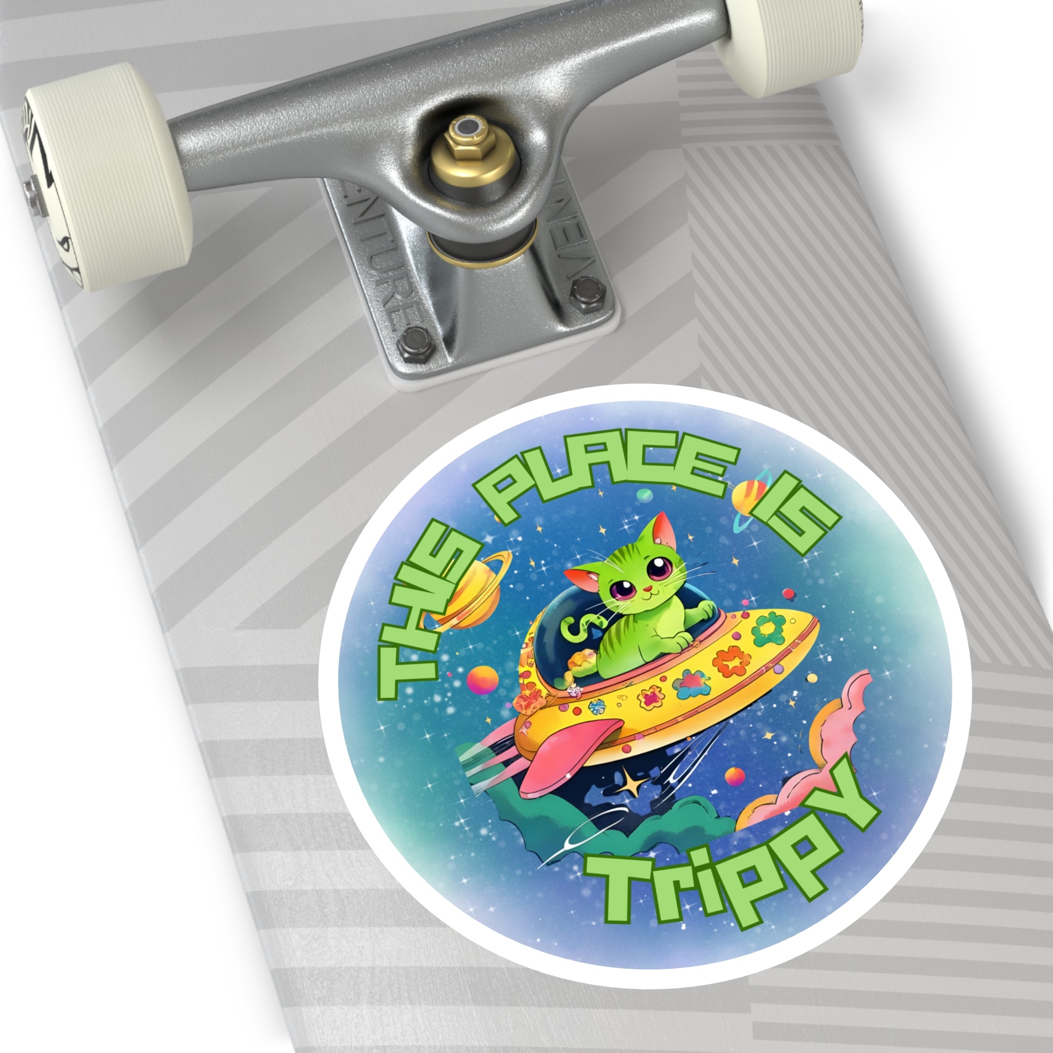 Trippy UFO Cat Stickers, Indoor Outdoor, Laptop Decal, Waterproof Vinyl, Set of 4, Car Bumper, Alien Kitten, Cosmic, Space Cat, Galaxy Kitty
