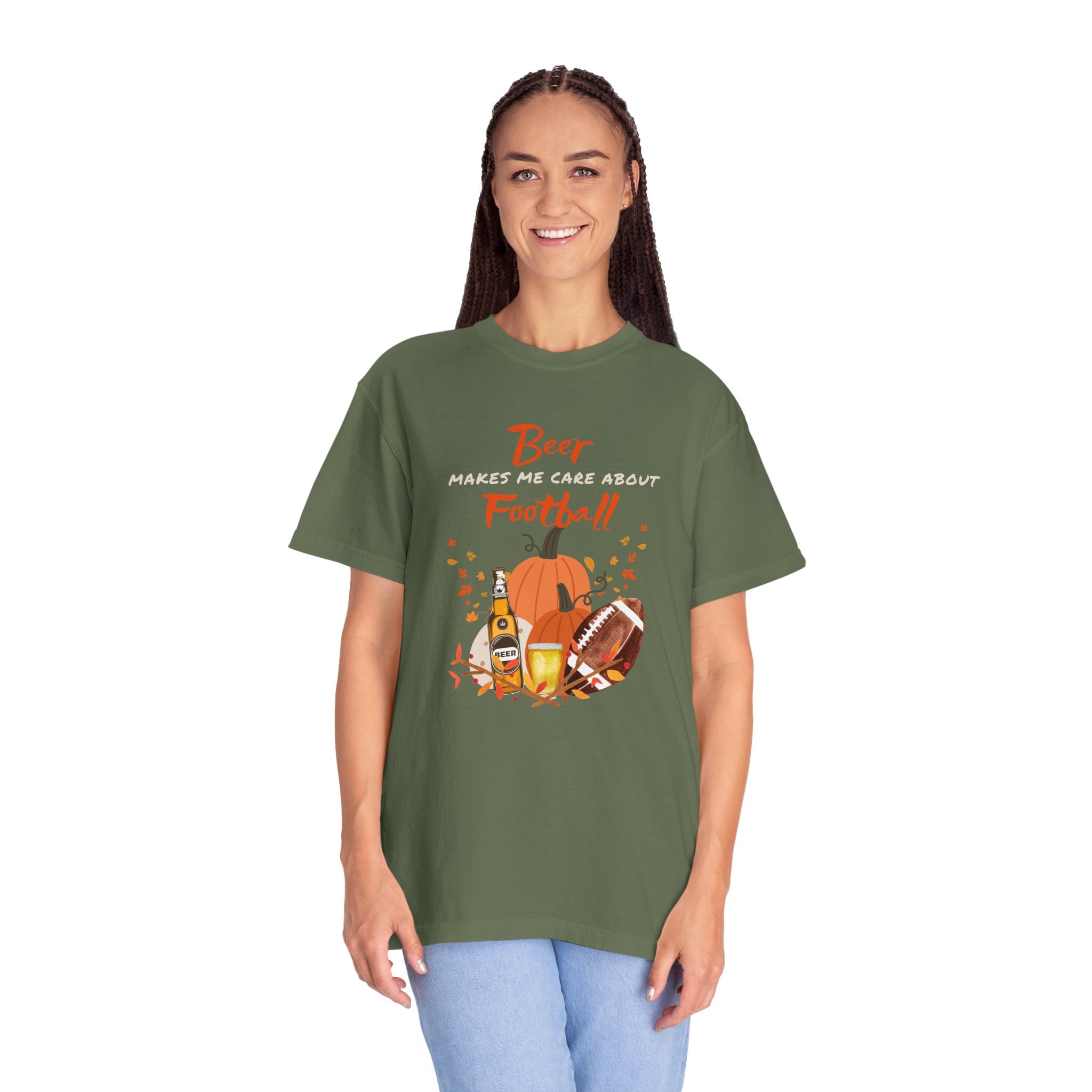 Beer Makes me Care about Football Unisex T-Shirt, Football Season T-Shirt for Men and Women