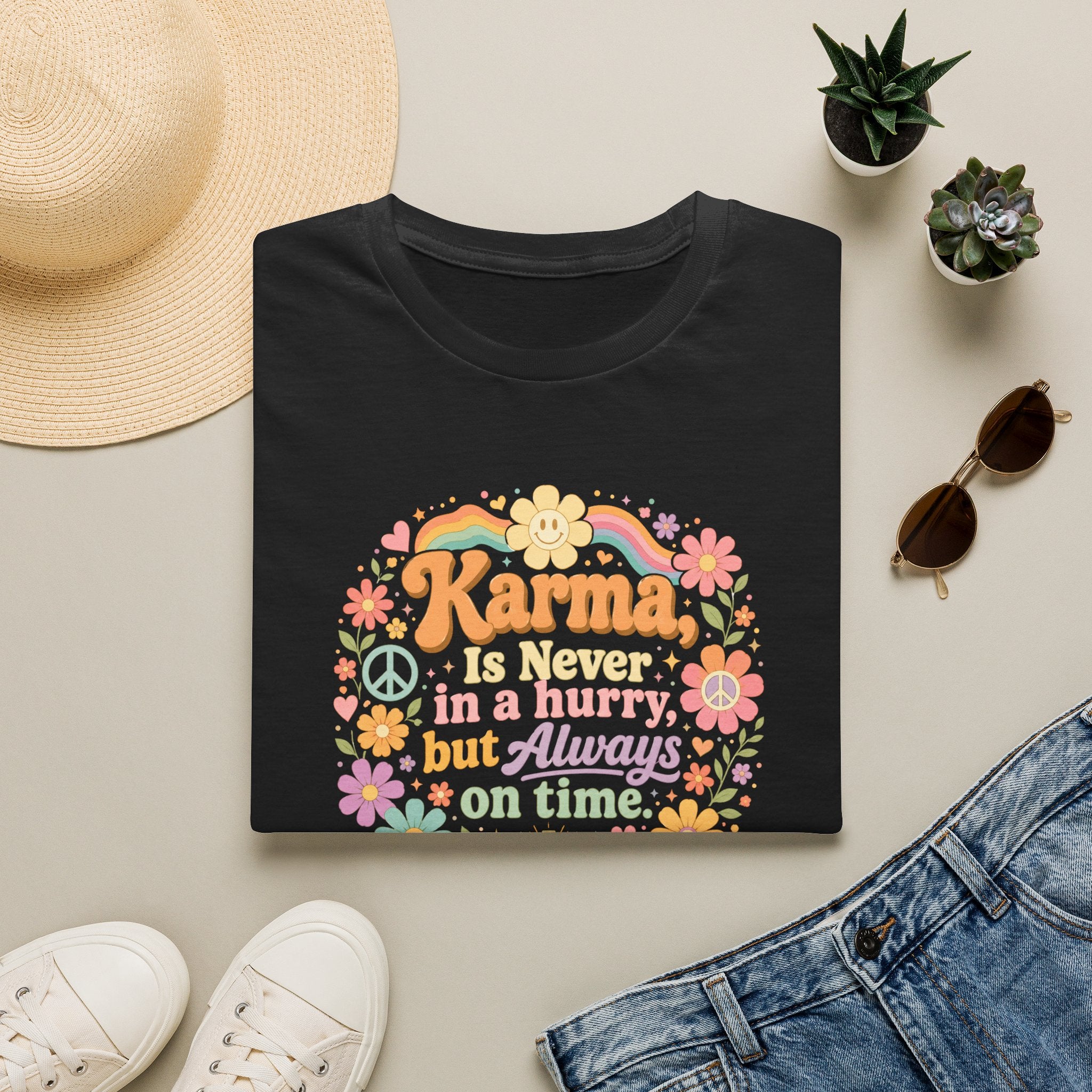 Karma Is Never In A Hurry Retro Floral, Relaxed Fit Women's Tee