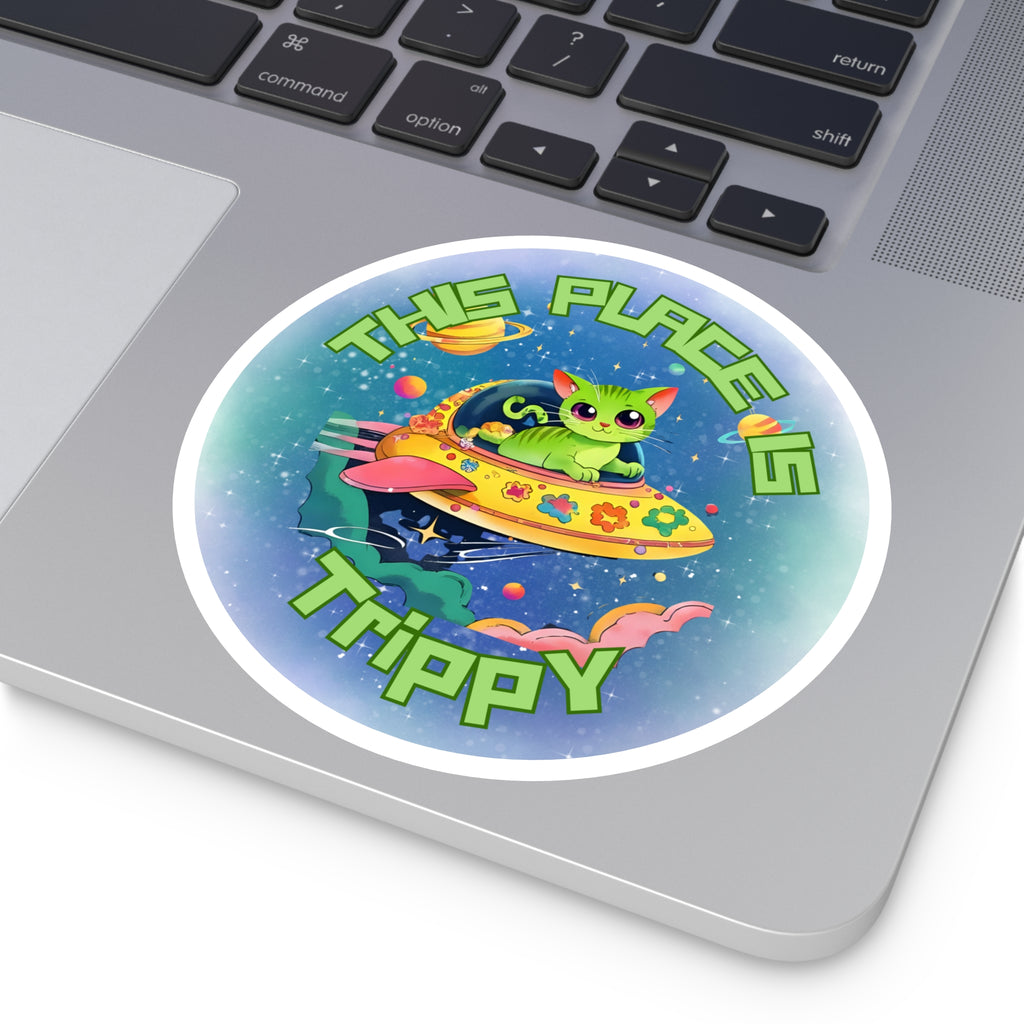 Trippy UFO Cat Stickers, Indoor Outdoor, Laptop Decal, Waterproof Vinyl, Set of 4, Car Bumper, Alien Kitten, Cosmic, Space Cat, Galaxy Kitty