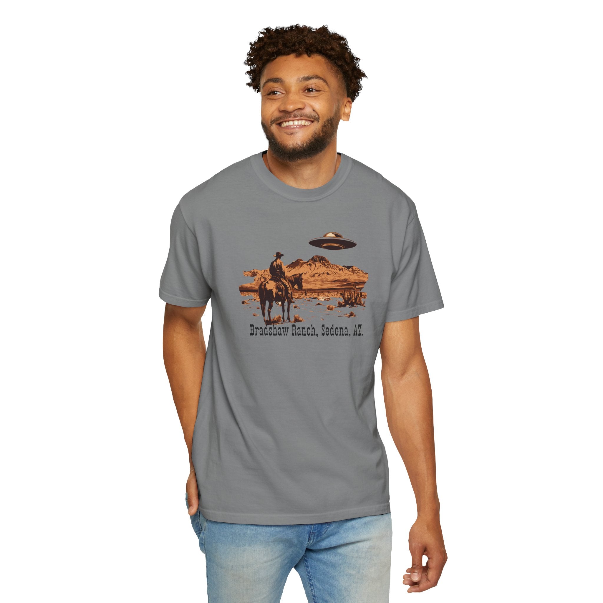 Bradshaw Ranch Cowboy UFO T‑Shirt — Sedona AZ Desert Graphic Tee