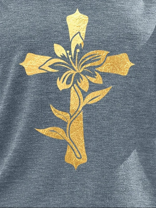 Women's Floral Cross Faith T-Shirt, Religious Faith V-Neck Tee