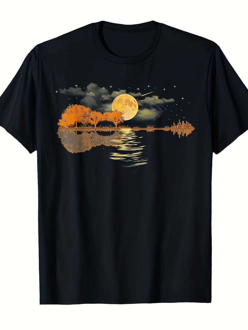 Guitar Lake Reflections Love Musician Acoustic Guitar T ShirtLightweight Breathable Men's and Unisex's C Sleeve Crew Neck Suitable for Outings Casual Wear and Everyday Style Outdoor Activity Shirt