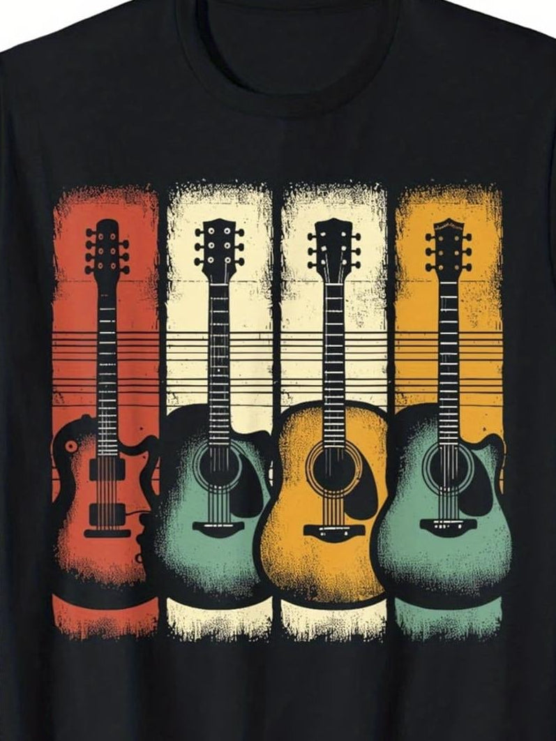's Vintage Music T-Shirt - 70s/80s Retro Electric Guitar Tee with Multicolor (Red/Yellow/Green/Brown/Beige/Orange/Gray/White/Golden/Blue) Vertical Guitar Pick Stripes - Soft Breathable 100% Cotton Loose Fit Shirt for Musicians, Concerts & Blues