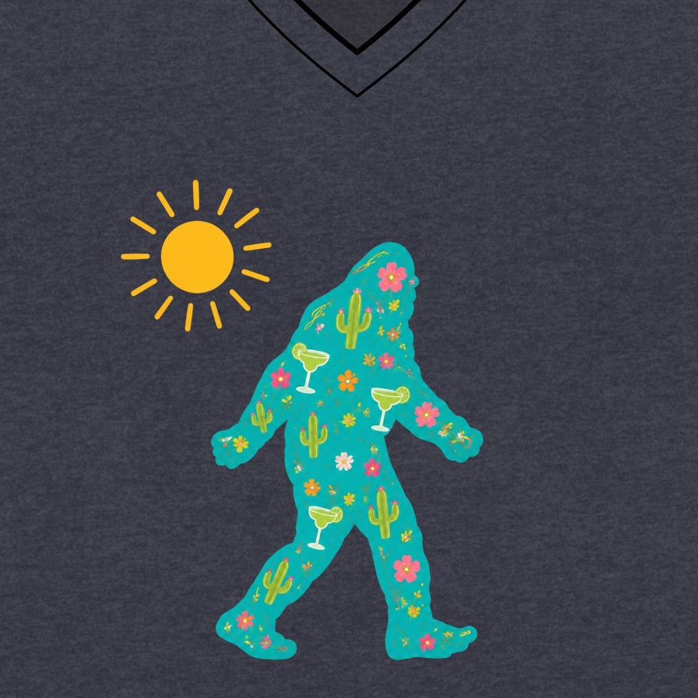 Southwest Desert Bigfoot Silhouette V-Neck Tee — Summer Cactus & Margarita Floral Design for Women