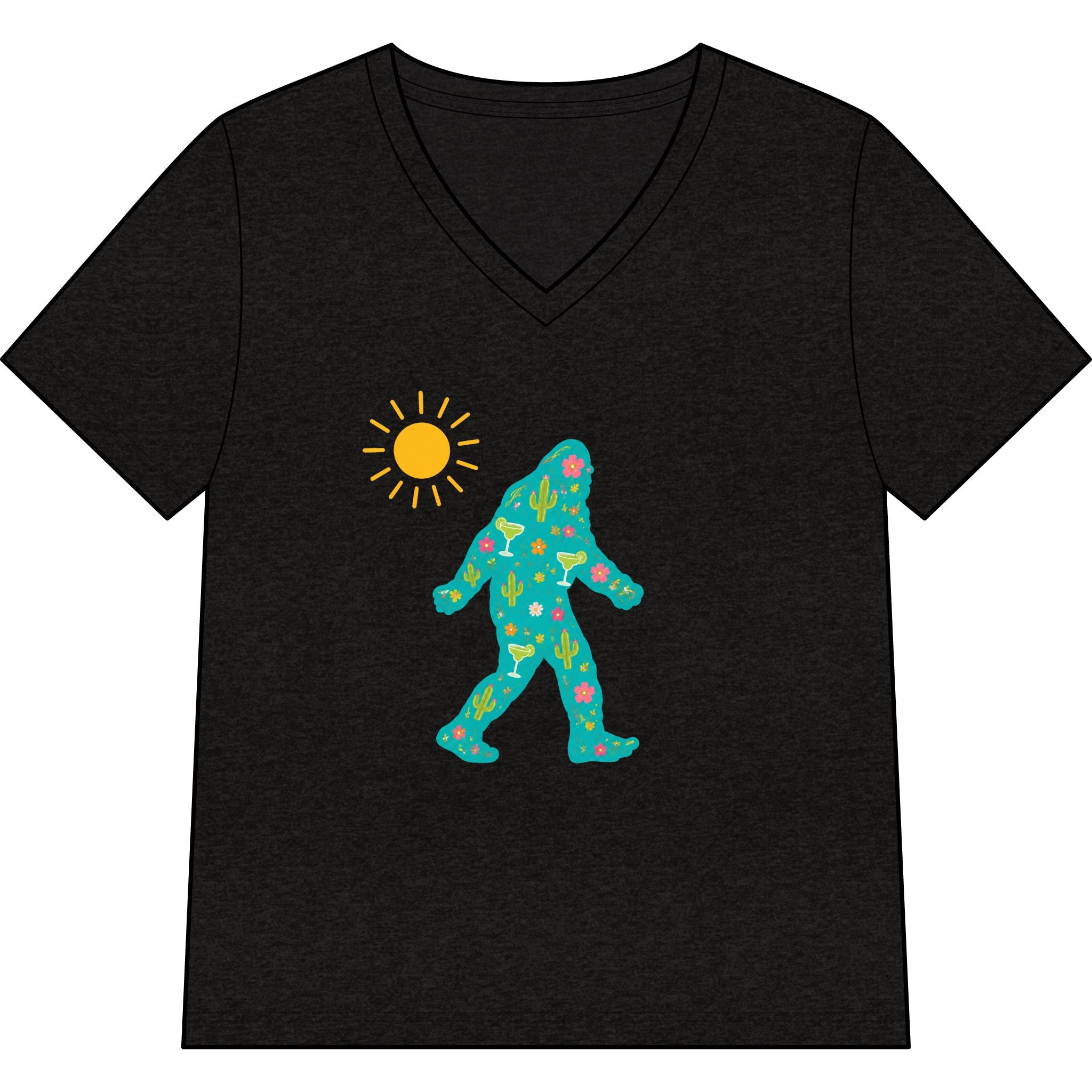 Southwest Desert Bigfoot Silhouette V-Neck Tee — Summer Cactus & Margarita Floral Design for Women