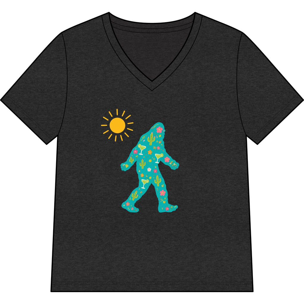 Southwest Desert Bigfoot Silhouette V-Neck Tee — Summer Cactus & Margarita Floral Design for Women