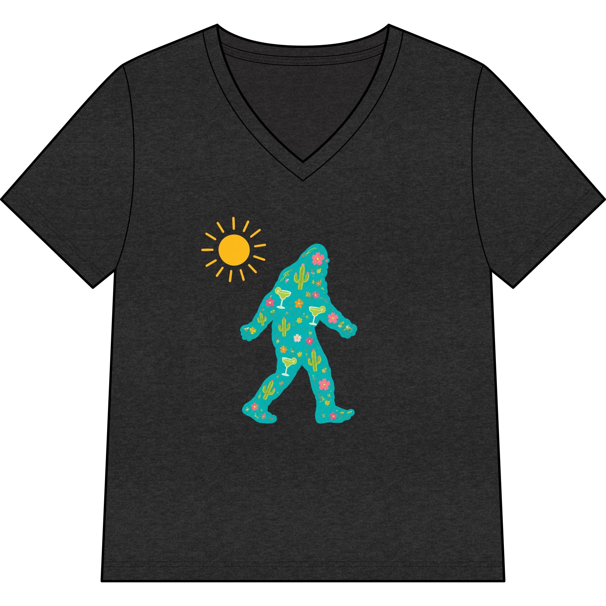 Southwest Desert Bigfoot Silhouette V-Neck Tee — Summer Cactus & Margarita Floral Design for Women