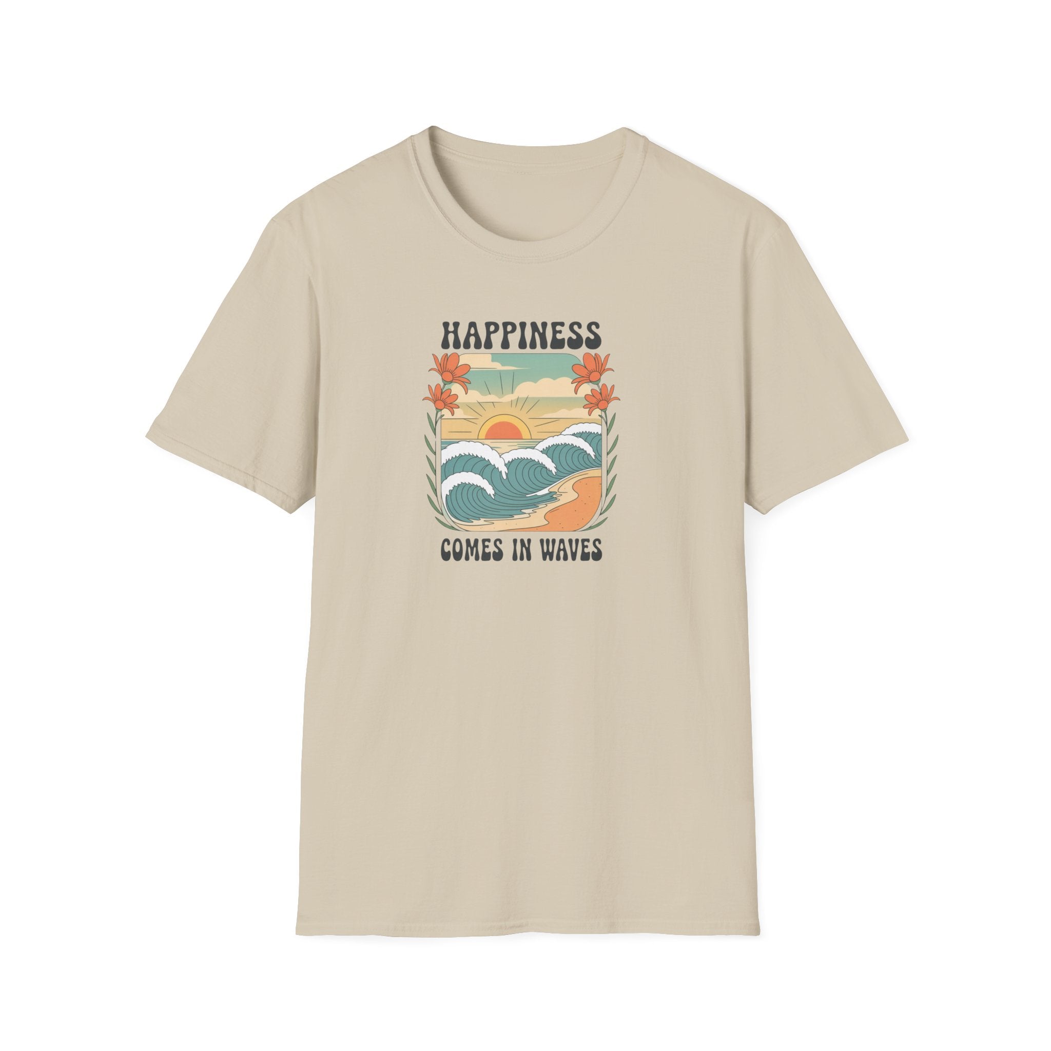 Happiness Comes in Waves T-Shirt, Unisex Softstyle Tee, Summer Graphic Tee, Beach Lover Shirt, Vacation Outfit, Gift for Nature Lovers