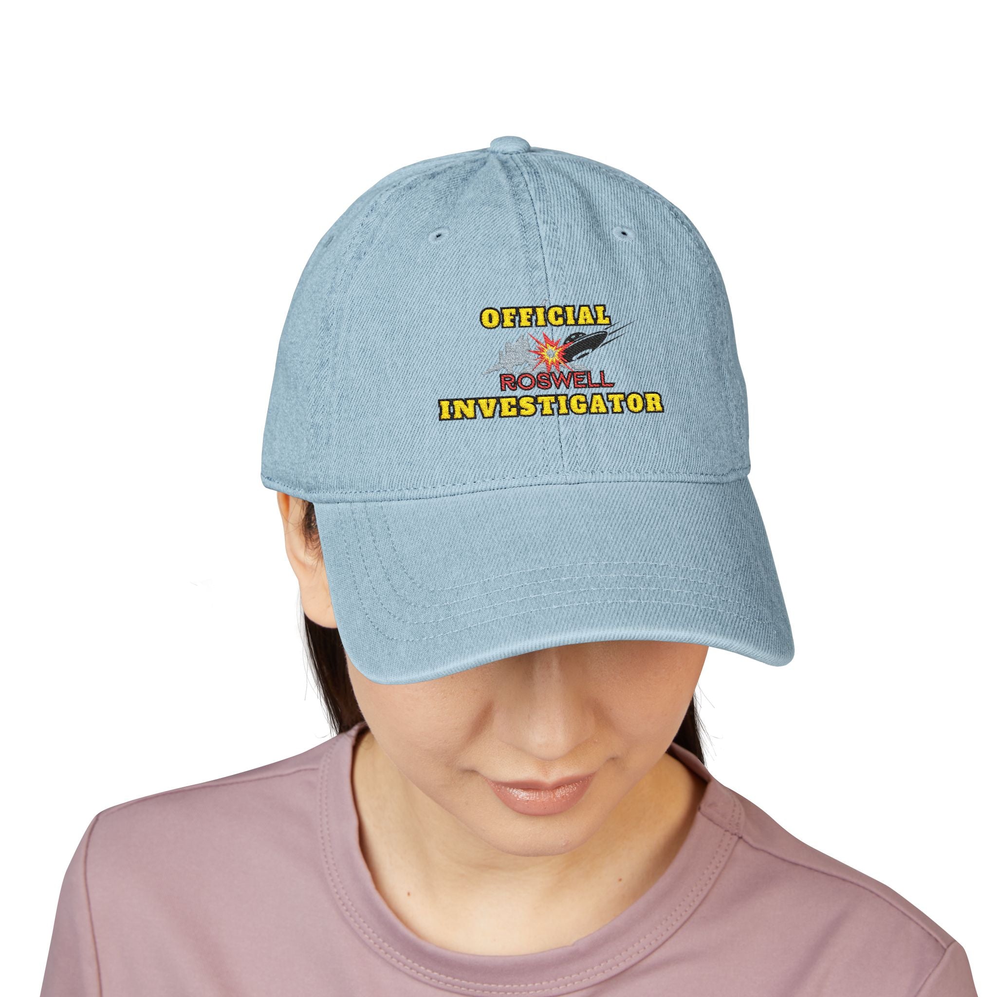 Embroidered Alien Denim Hat, UFO Lover Gift, Roswell Investigator Cap, Summer Accessory, Unique Hat