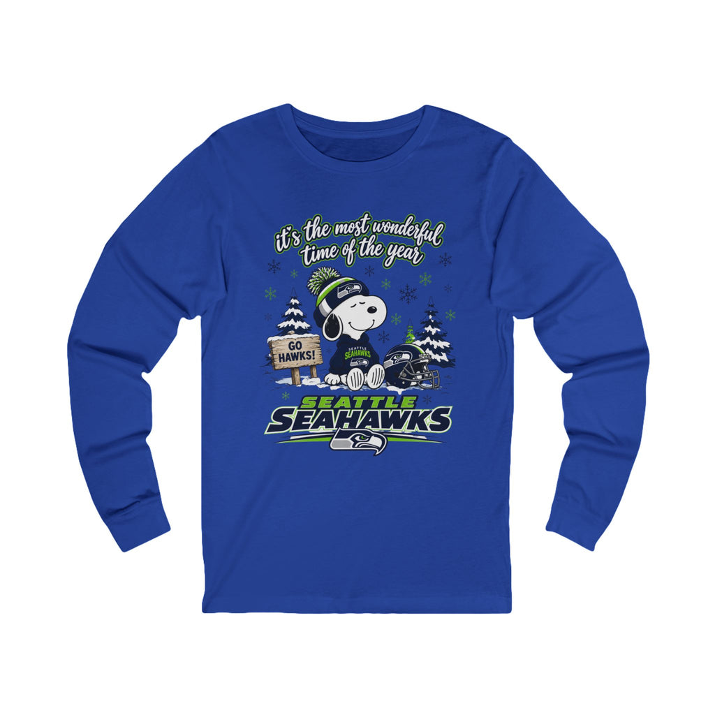 Women's Seattle Seahawks, "It's the Most Wonderful Time of the Year" Snoopy Winter Long Sleeve Tee