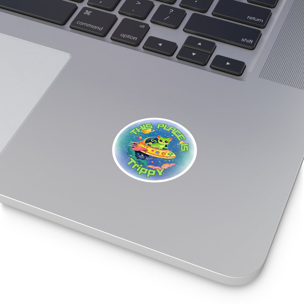 Trippy UFO Cat Stickers, Indoor Outdoor, Laptop Decal, Waterproof Vinyl, Set of 4, Car Bumper, Alien Kitten, Cosmic, Space Cat, Galaxy Kitty