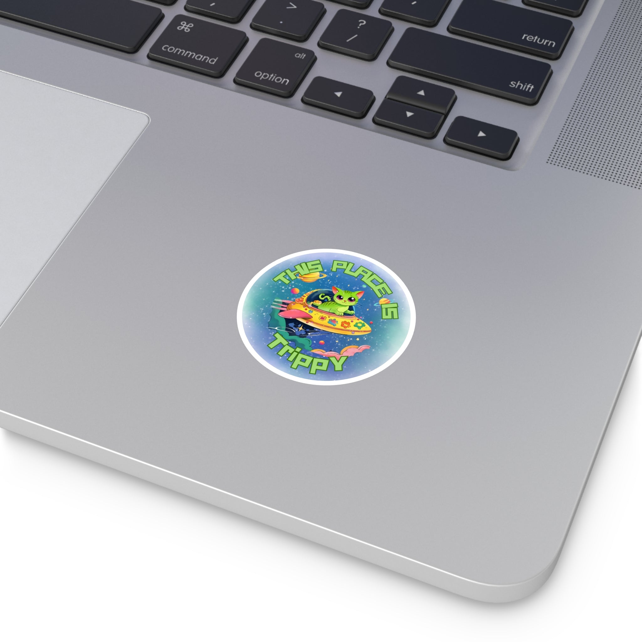 Trippy UFO Cat Stickers, Indoor Outdoor, Laptop Decal, Waterproof Vinyl, Set of 4, Car Bumper, Alien Kitten, Cosmic, Space Cat, Galaxy Kitty