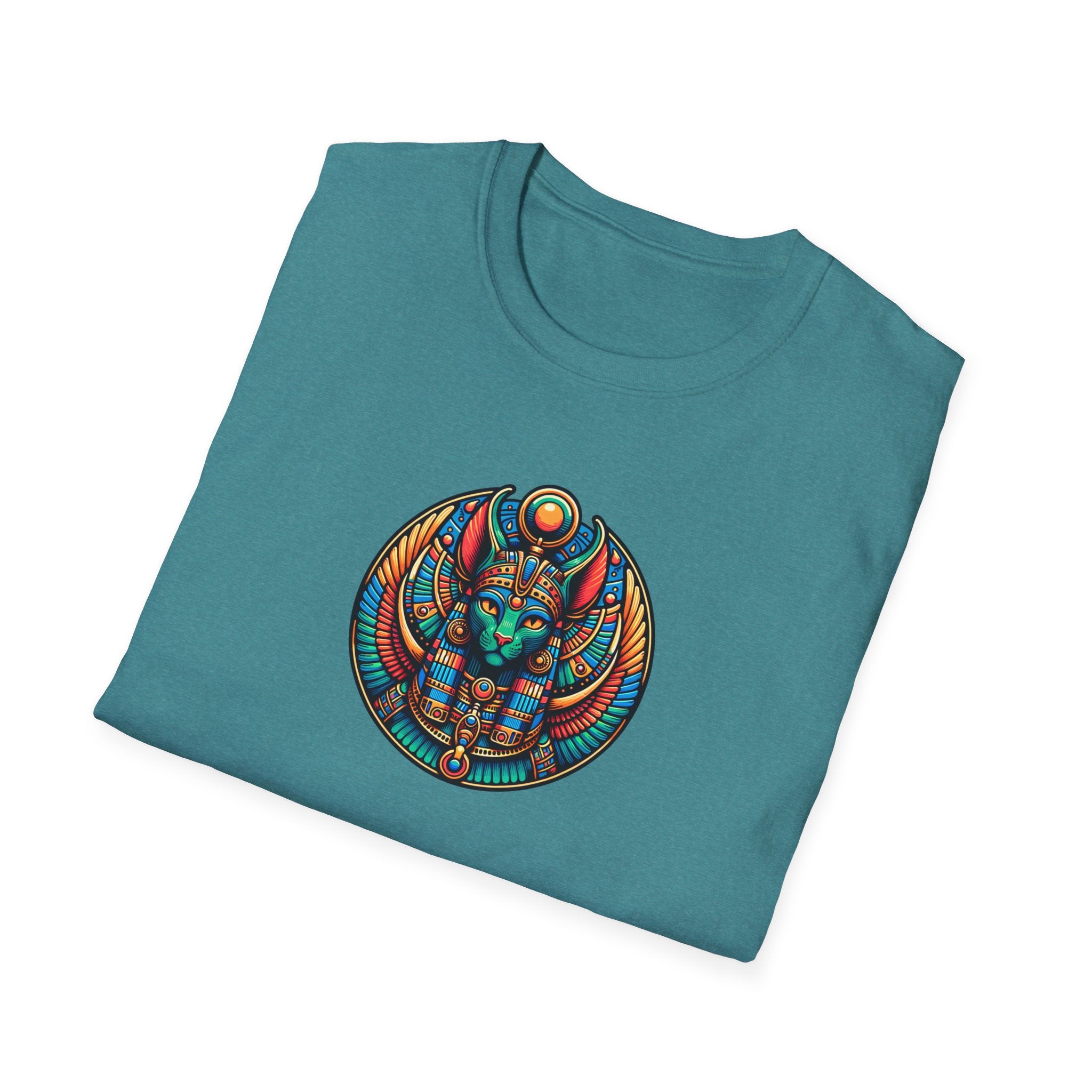 Egyptian Goddess Unisex Softstyle T-Shirt, Cute Graphic Tee, Boho Vintage Top, Gift for Cat Lovers, Summer Casual Wear, Festival Outfit