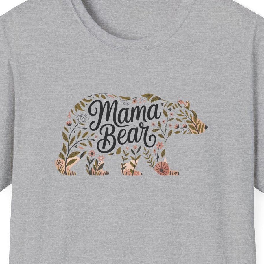 Gray t-shirt with 'Mama Bear' graphic design on a white background
