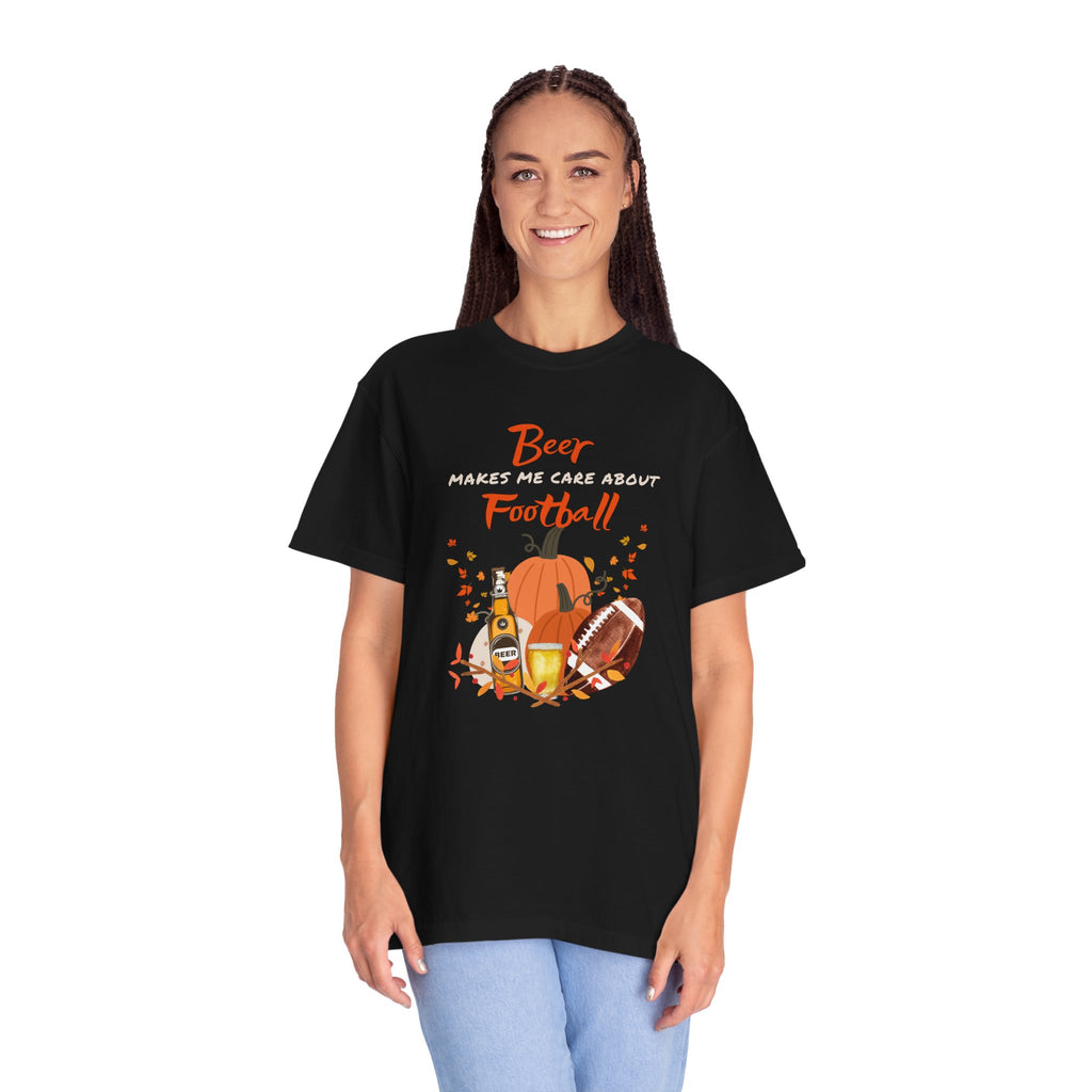 Beer Makes me Care about Football Unisex T-Shirt, Football Season T-Shirt for Men and Women