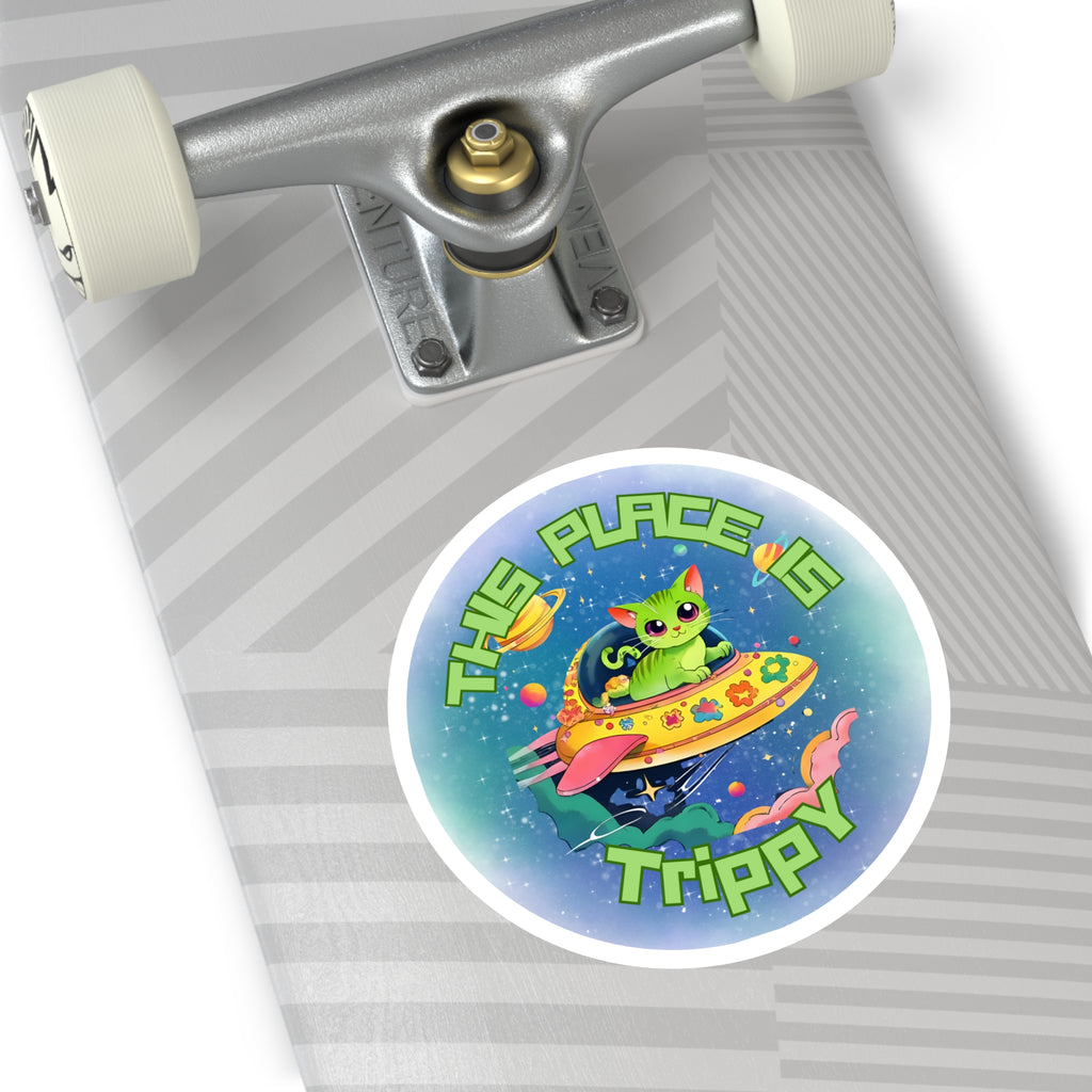 Trippy UFO Cat Stickers, Indoor Outdoor, Laptop Decal, Waterproof Vinyl, Set of 4, Car Bumper, Alien Kitten, Cosmic, Space Cat, Galaxy Kitty
