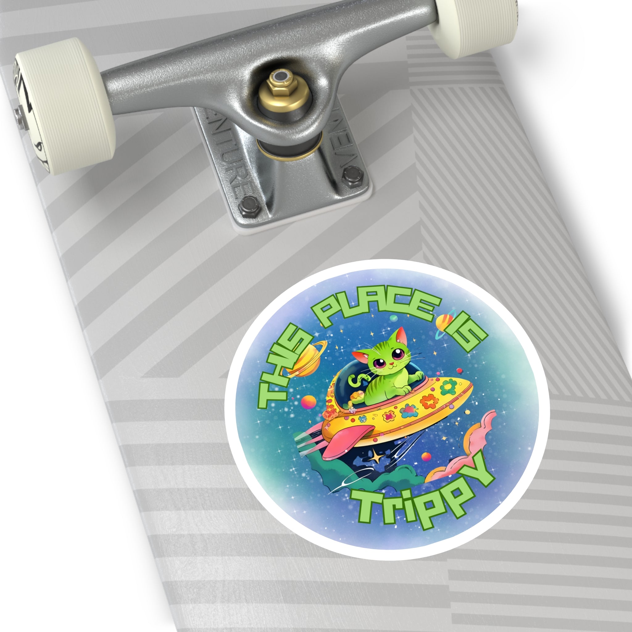 Trippy UFO Cat Stickers, Indoor Outdoor, Laptop Decal, Waterproof Vinyl, Set of 4, Car Bumper, Alien Kitten, Cosmic, Space Cat, Galaxy Kitty