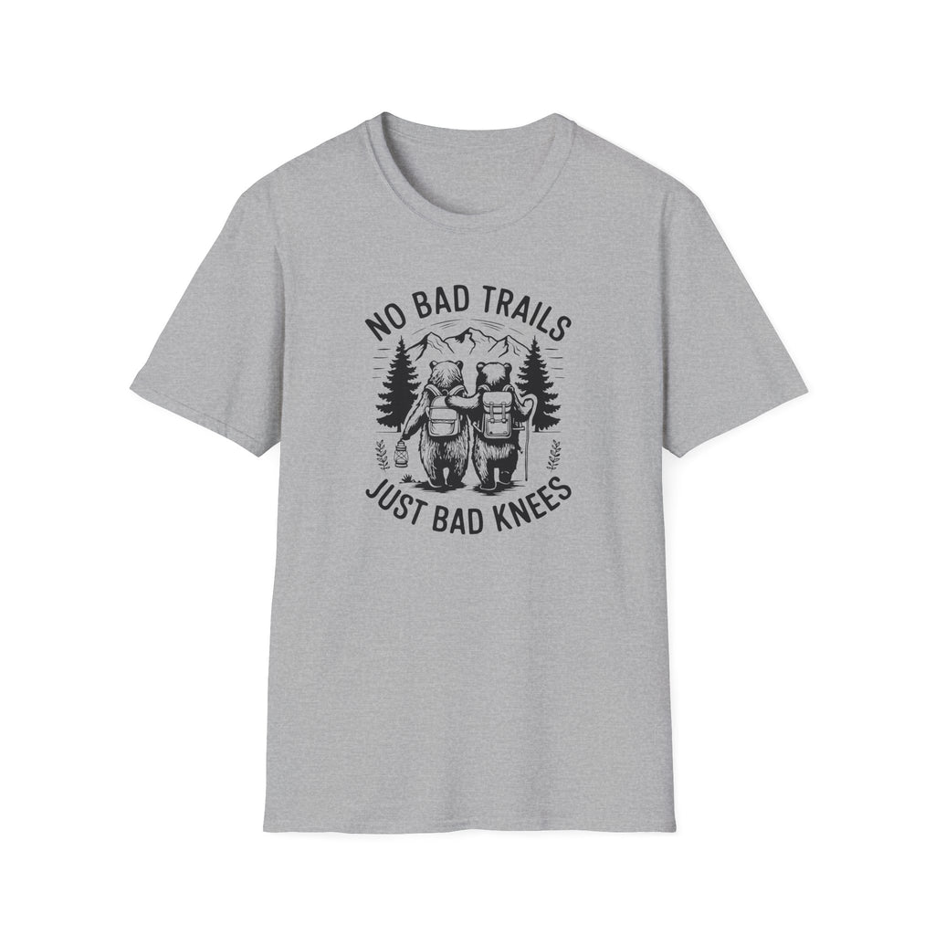 Funny Outdoor Adventure Unisex T-Shirt | No Bad Trails Just Bad Knees | Hiking Gift, Camping Tee, Nature Lover Shirt, Funny Gift