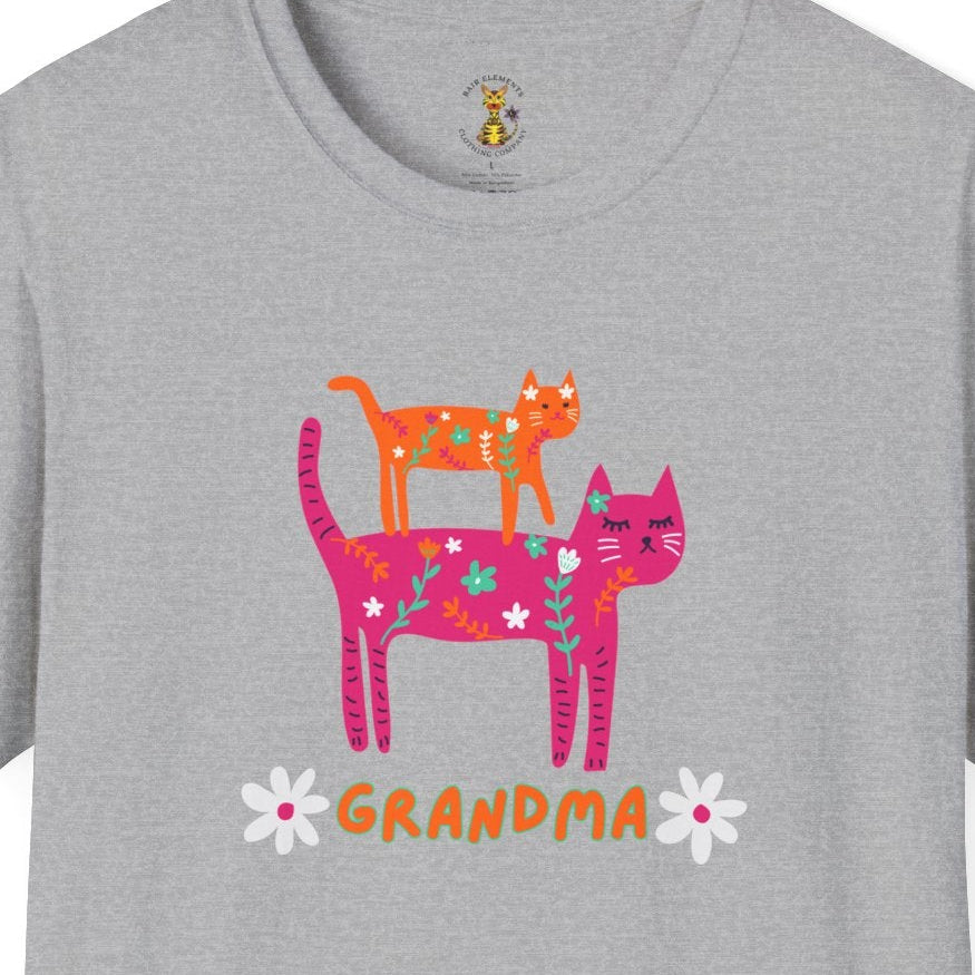 Gray t-shirt with colorful cat design and 'Grandma' text on a white background