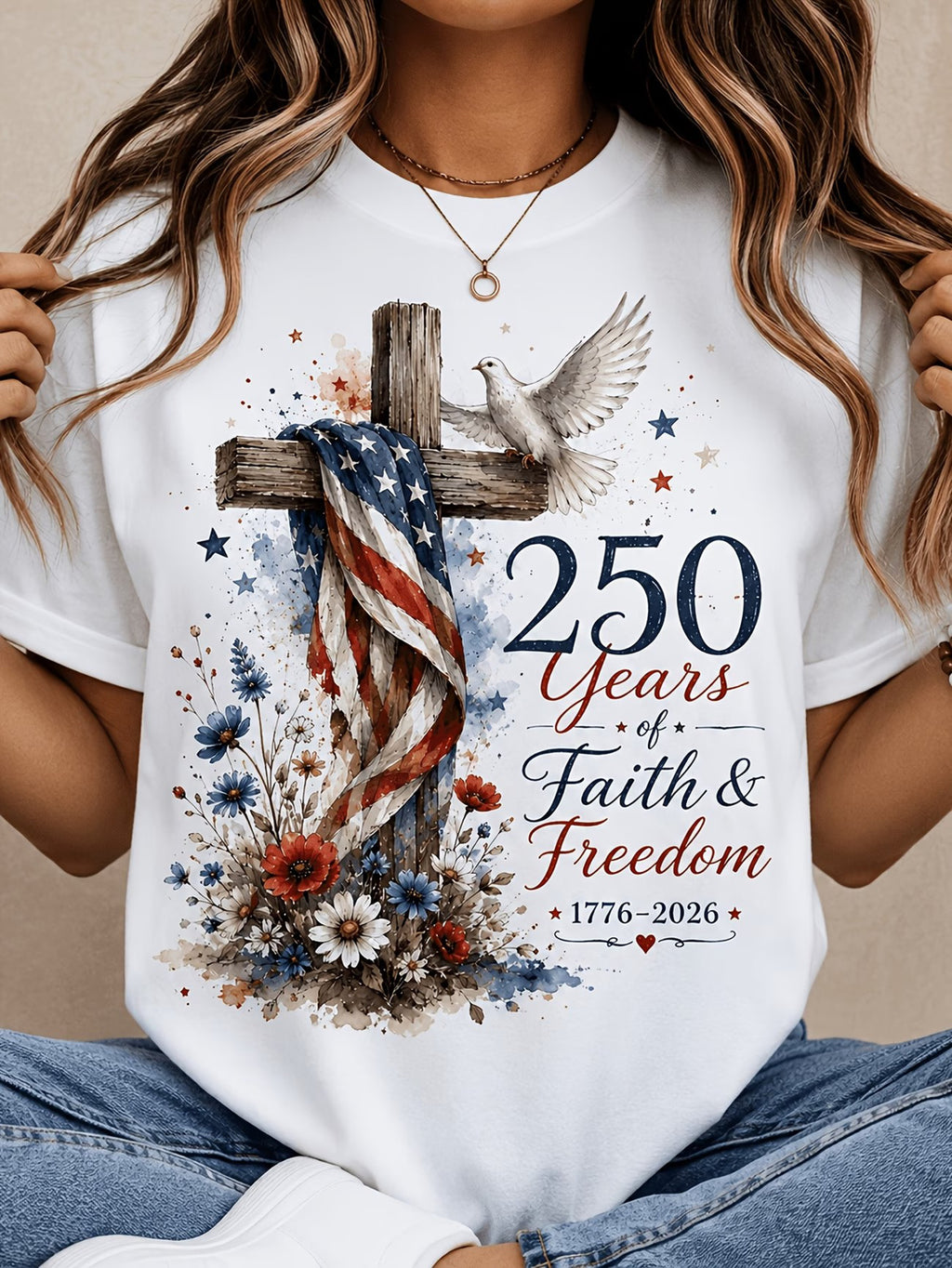 Women'S Patriotic Faith Design T-Shirt, 250 Years of Faith And Freedom Printed Tee, 1776-2026 Cross Dove Floral Short Sleeve Top, Casual Summer Round Neck Shirt