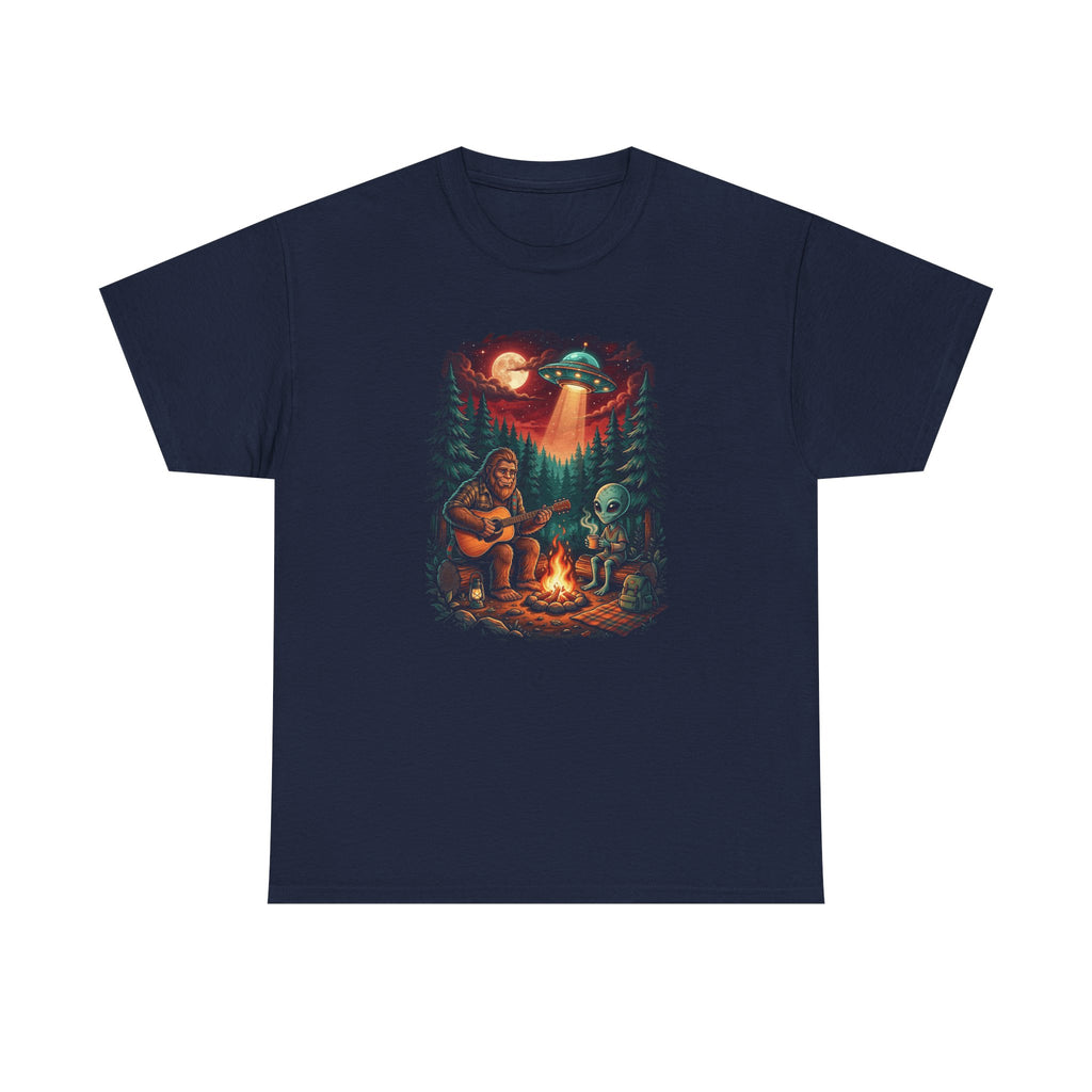 Alien & Bigfoot Campfire Camping T-Shirt — UFO Graphic Tee for Outdoors Lovers