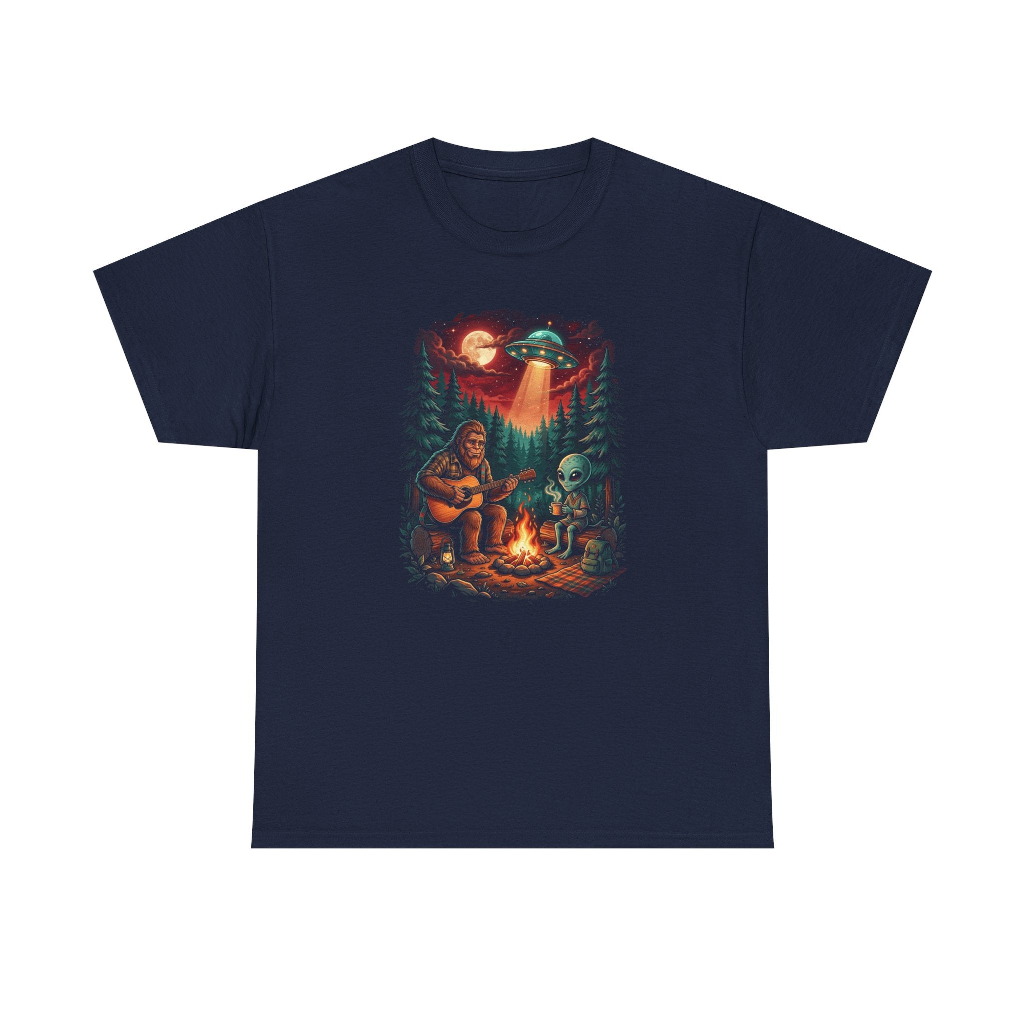 Alien & Bigfoot Campfire Camping T-Shirt — UFO Graphic Tee for Outdoors Lovers