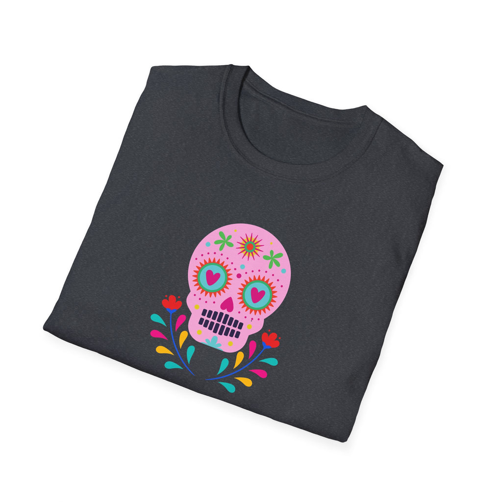 Colorful Skull Graphic T-Shirt, Day of the Dead Shirt, Unisex Softstyle Tee for Celebrations, Gifts for Her & Him