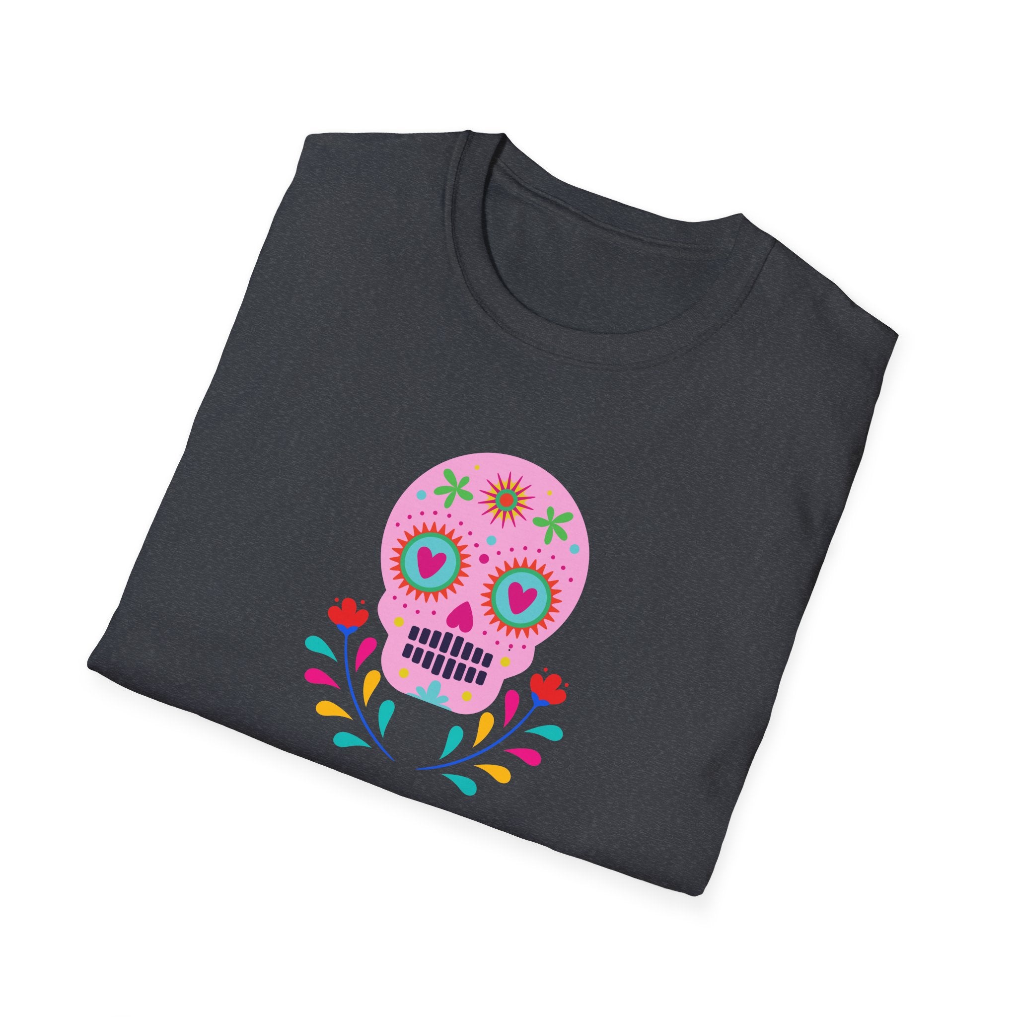 Colorful Skull Graphic T-Shirt, Day of the Dead Shirt, Unisex Softstyle Tee for Celebrations, Gifts for Her & Him