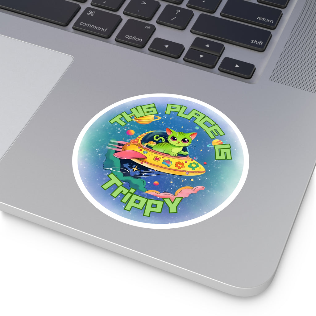 Trippy UFO Cat Stickers, Indoor Outdoor, Laptop Decal, Waterproof Vinyl, Set of 4, Car Bumper, Alien Kitten, Cosmic, Space Cat, Galaxy Kitty