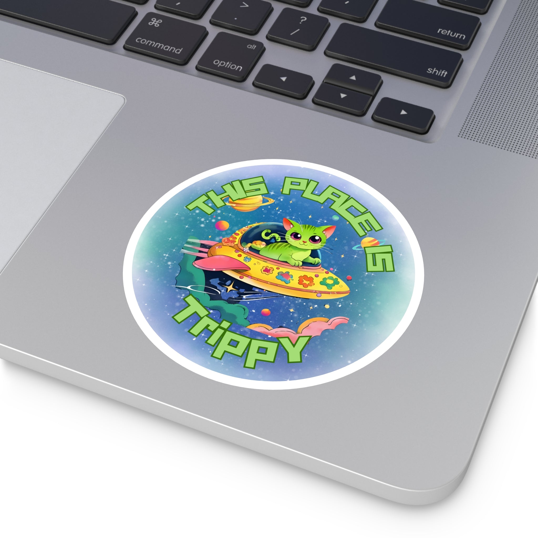 Trippy UFO Cat Stickers, Indoor Outdoor, Laptop Decal, Waterproof Vinyl, Set of 4, Car Bumper, Alien Kitten, Cosmic, Space Cat, Galaxy Kitty