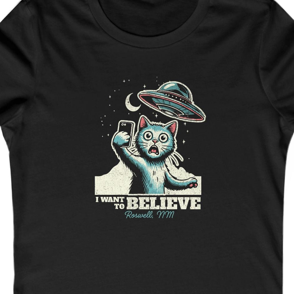 Cat Lover's UFO Believe Tee, Women's Favorite T-Shirt, I Want to Believe Shirt, Alien UFO Tee, Cat Lover's Tee