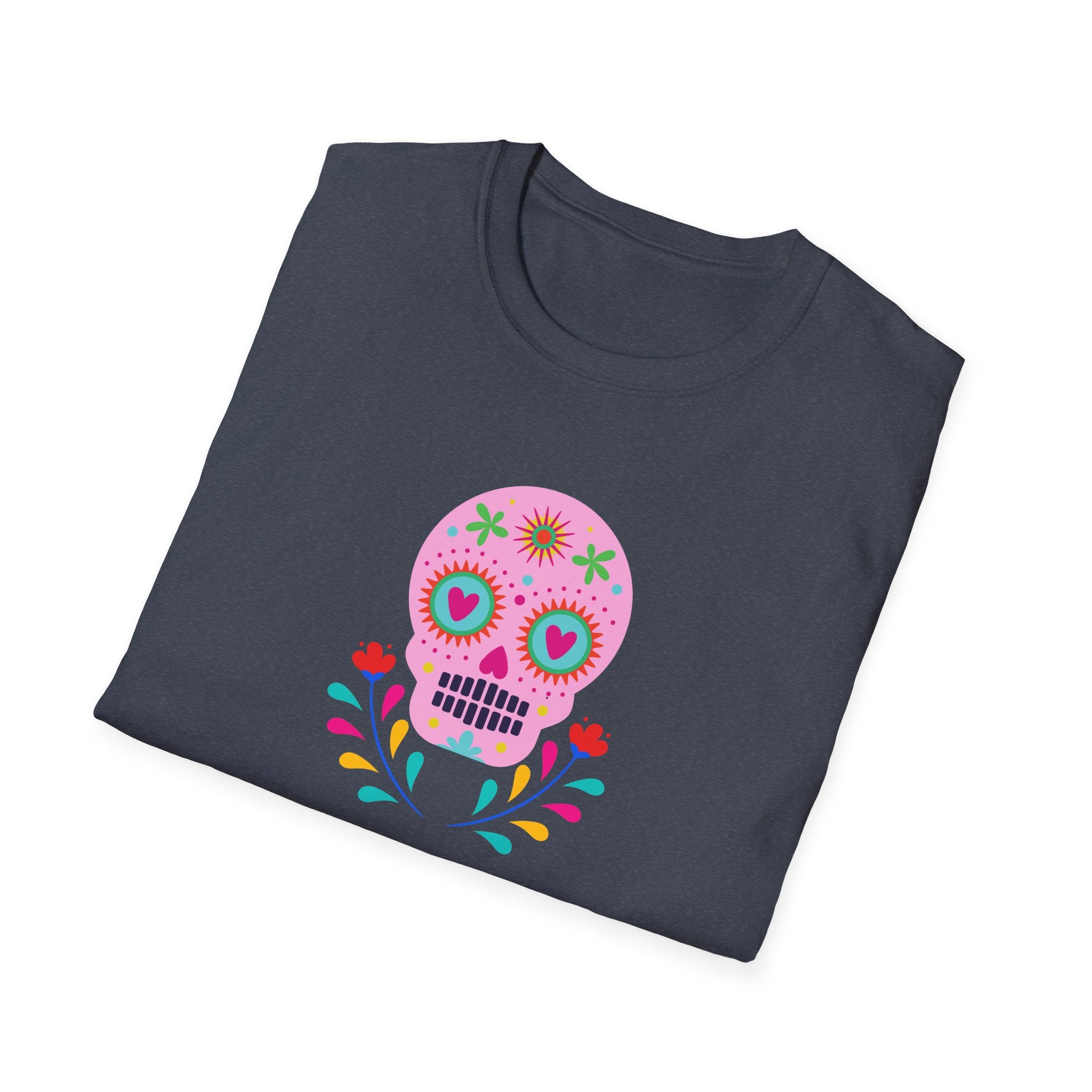 Colorful Skull Graphic T-Shirt, Day of the Dead Shirt, Unisex Softstyle Tee for Celebrations, Gifts for Her & Him