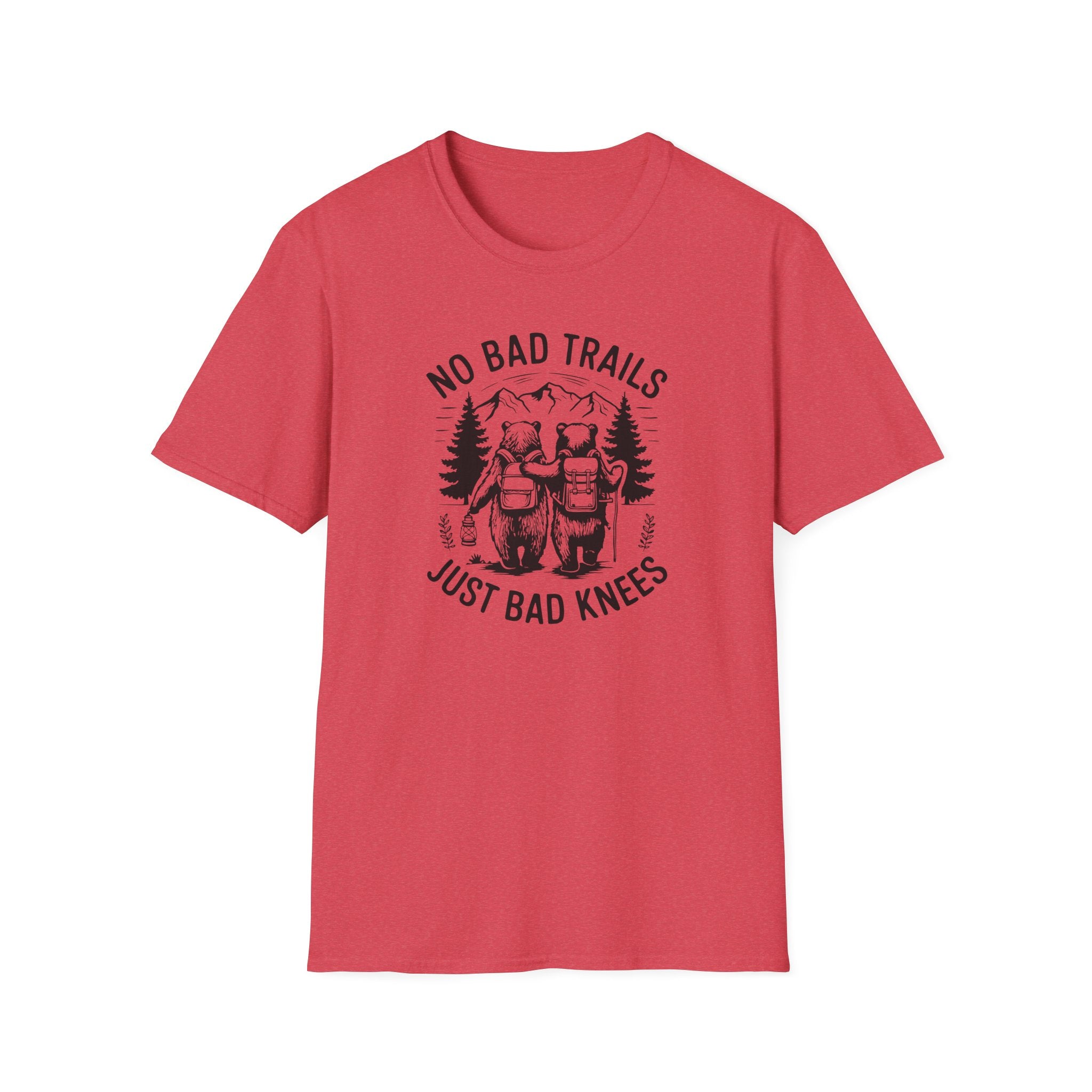 Funny Outdoor Adventure Unisex T-Shirt | No Bad Trails Just Bad Knees | Hiking Gift, Camping Tee, Nature Lover Shirt, Funny Gift