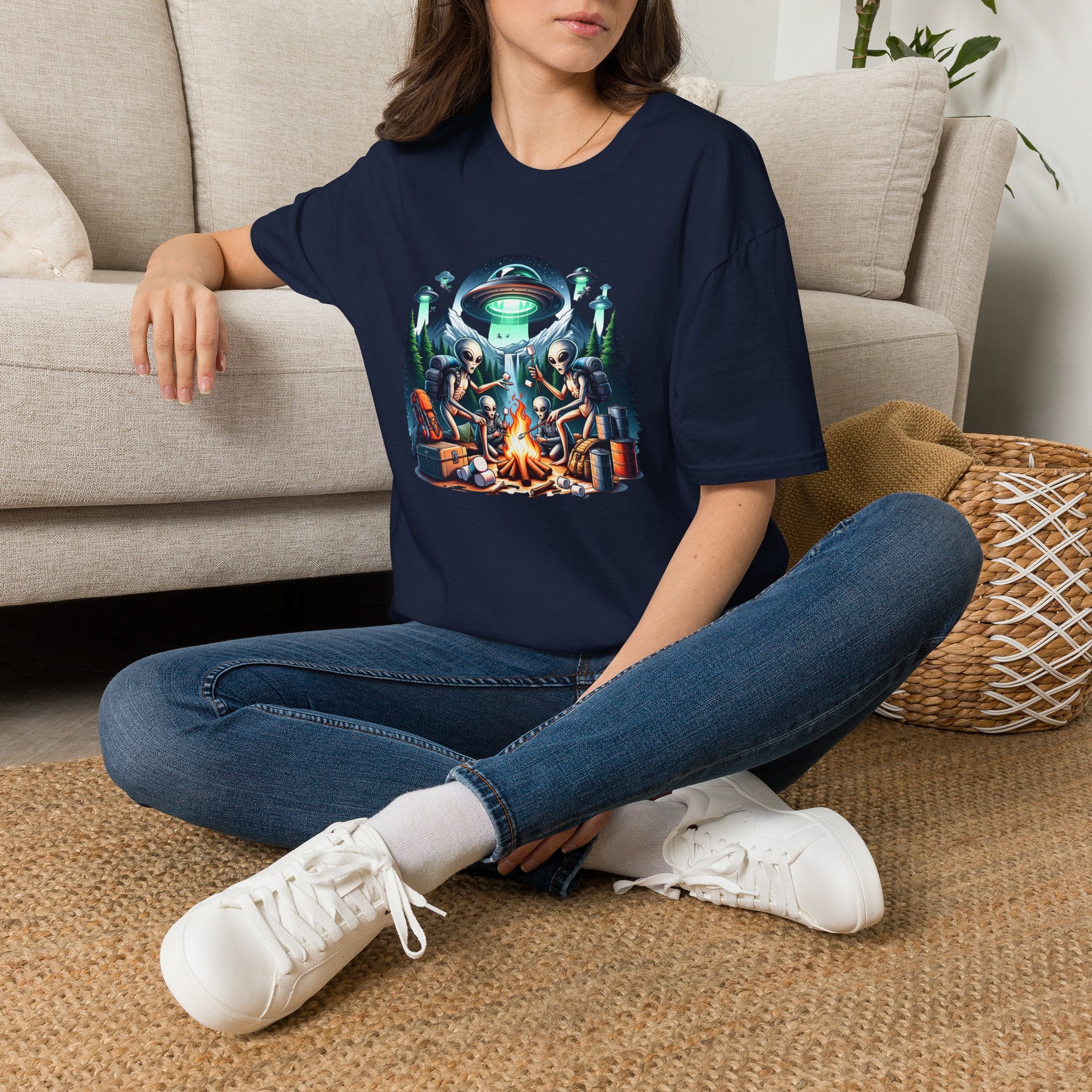 Alien Campfire T-Shirt, Tee for UFO Enthusiasts, Fun Gifts for Halloween and Sci-Fi Lovers, Unisex Tee