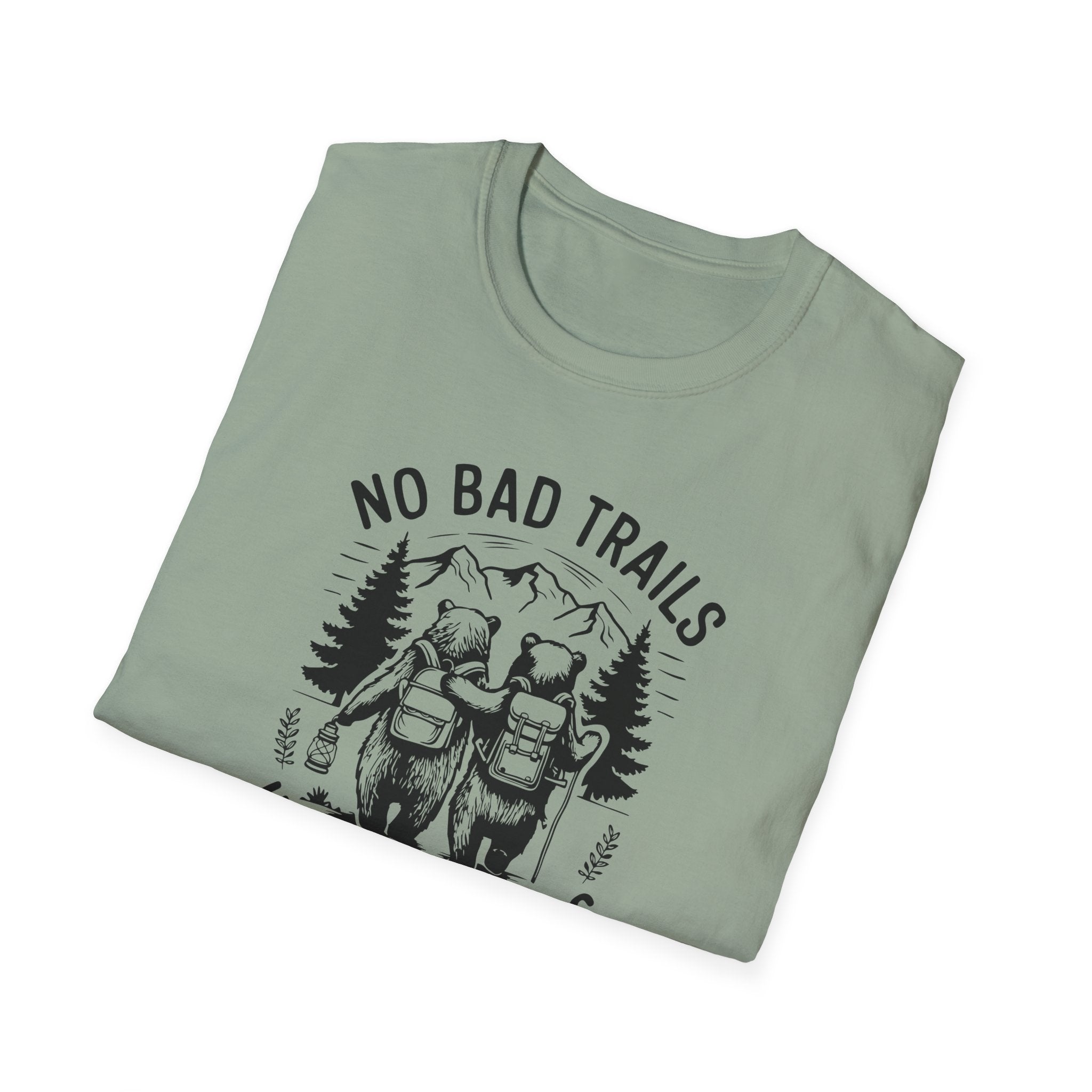 Funny Outdoor Adventure Unisex T-Shirt | No Bad Trails Just Bad Knees | Hiking Gift, Camping Tee, Nature Lover Shirt, Funny Gift