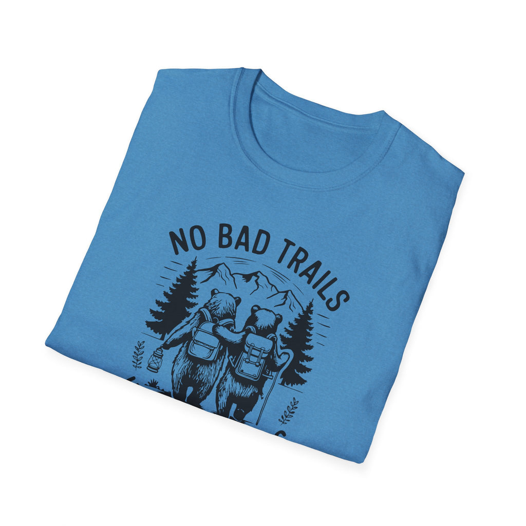 Funny Outdoor Adventure Unisex T-Shirt | No Bad Trails Just Bad Knees | Hiking Gift, Camping Tee, Nature Lover Shirt, Funny Gift
