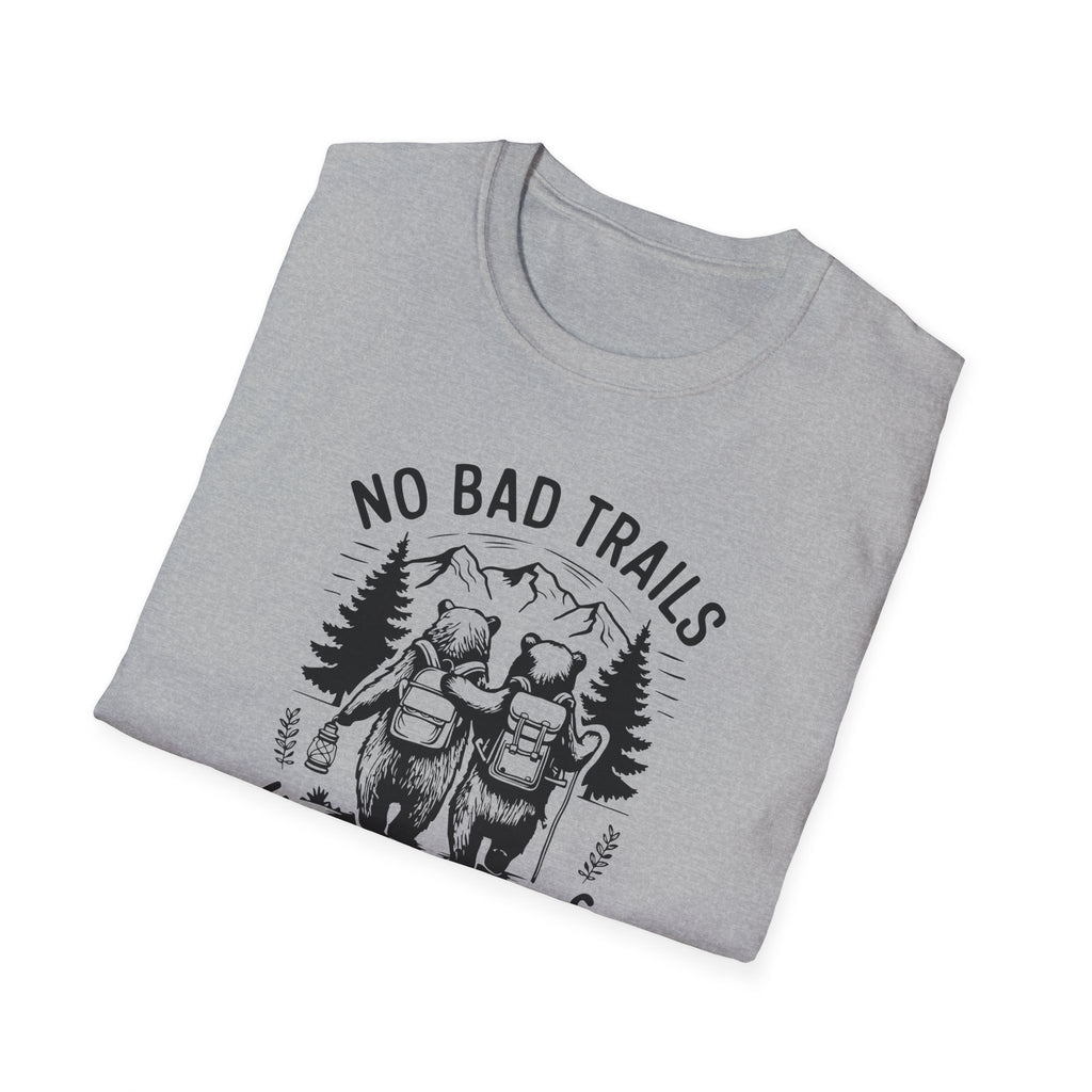Funny Outdoor Adventure Unisex T-Shirt | No Bad Trails Just Bad Knees | Hiking Gift, Camping Tee, Nature Lover Shirt, Funny Gift
