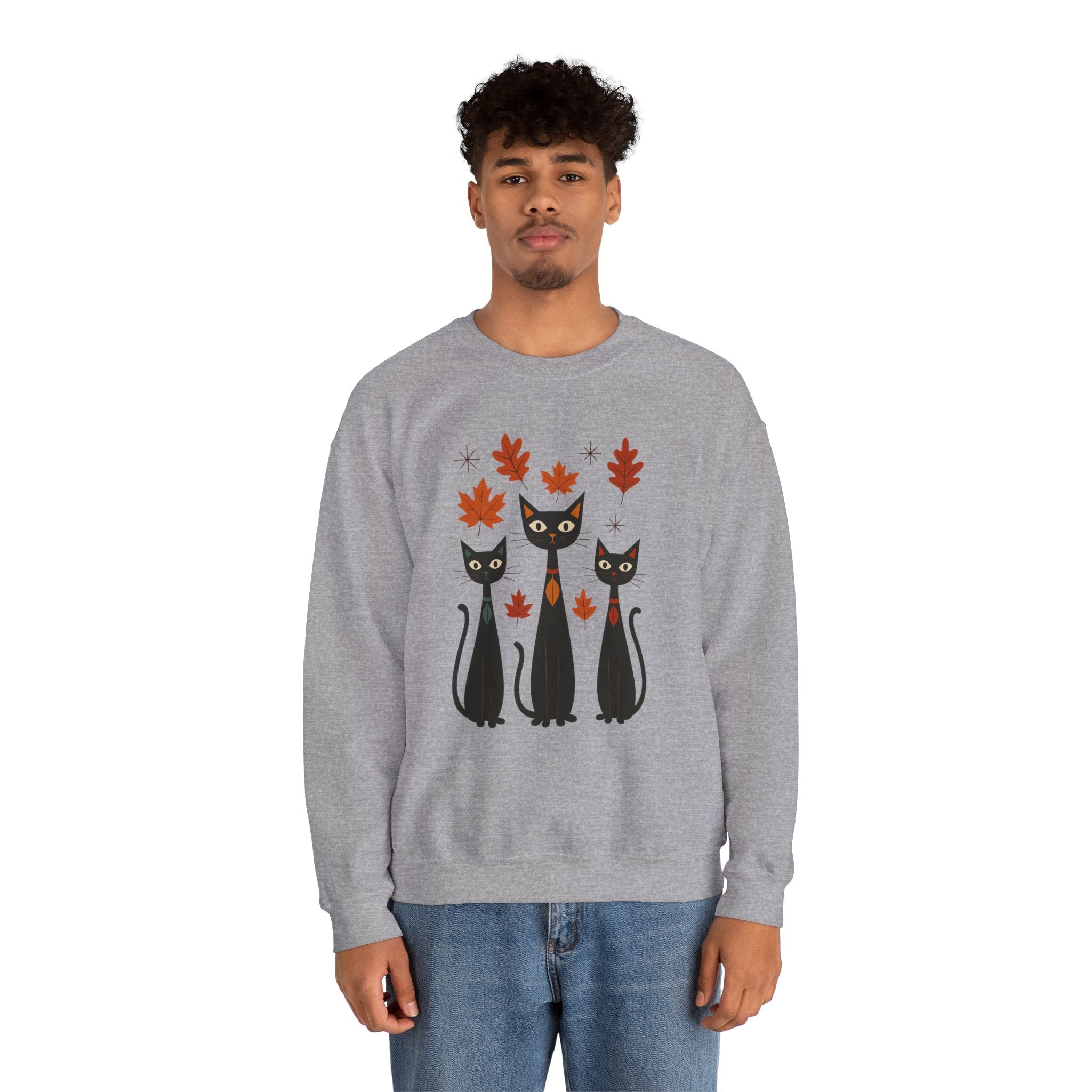Autumn Cat Crewneck Sweatshirt, Cozy Fall Sweater, Halloween Gift, Cat Lover Apparel, Unisex Sweatshirt