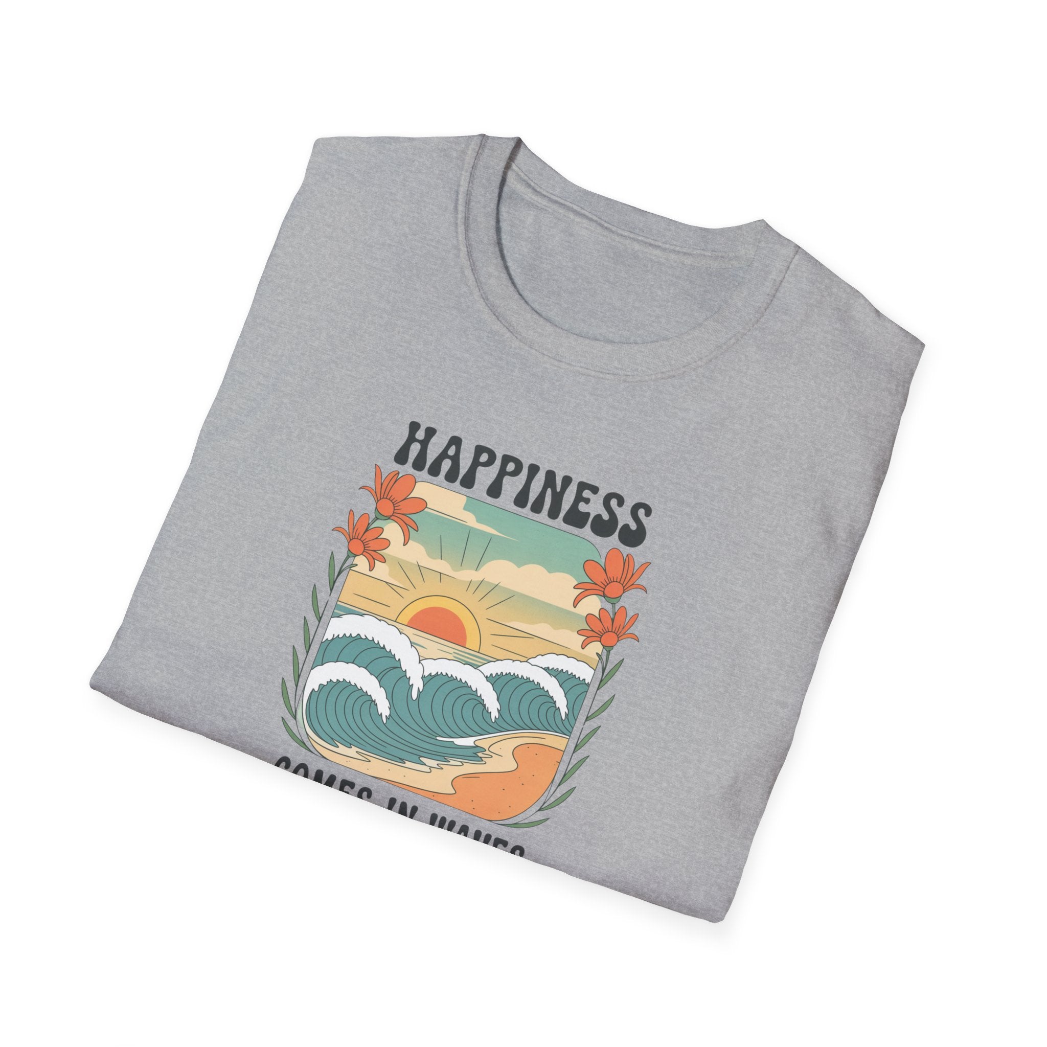 Happiness Comes in Waves T-Shirt, Unisex Softstyle Tee, Summer Graphic Tee, Beach Lover Shirt, Vacation Outfit, Gift for Nature Lovers