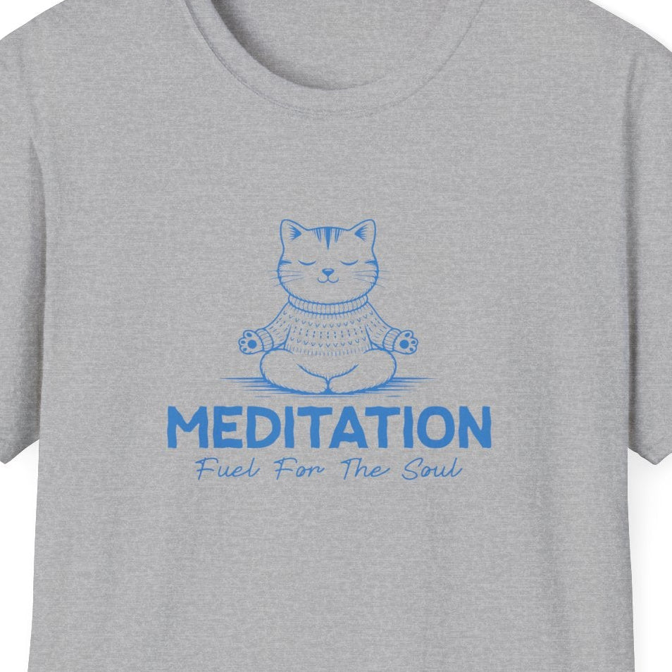 Gray t-shirt with blue graphic and text on a white background