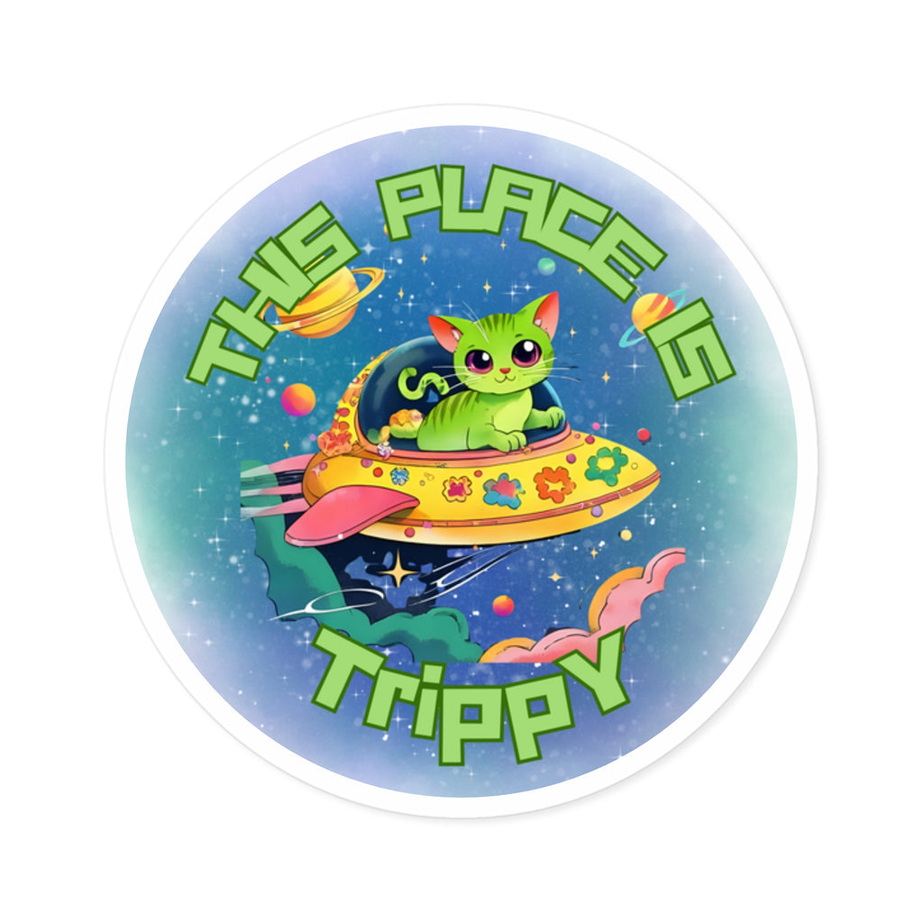Trippy UFO Cat Stickers, Indoor Outdoor, Laptop Decal, Waterproof Vinyl, Set of 4, Car Bumper, Alien Kitten, Cosmic, Space Cat, Galaxy Kitty
