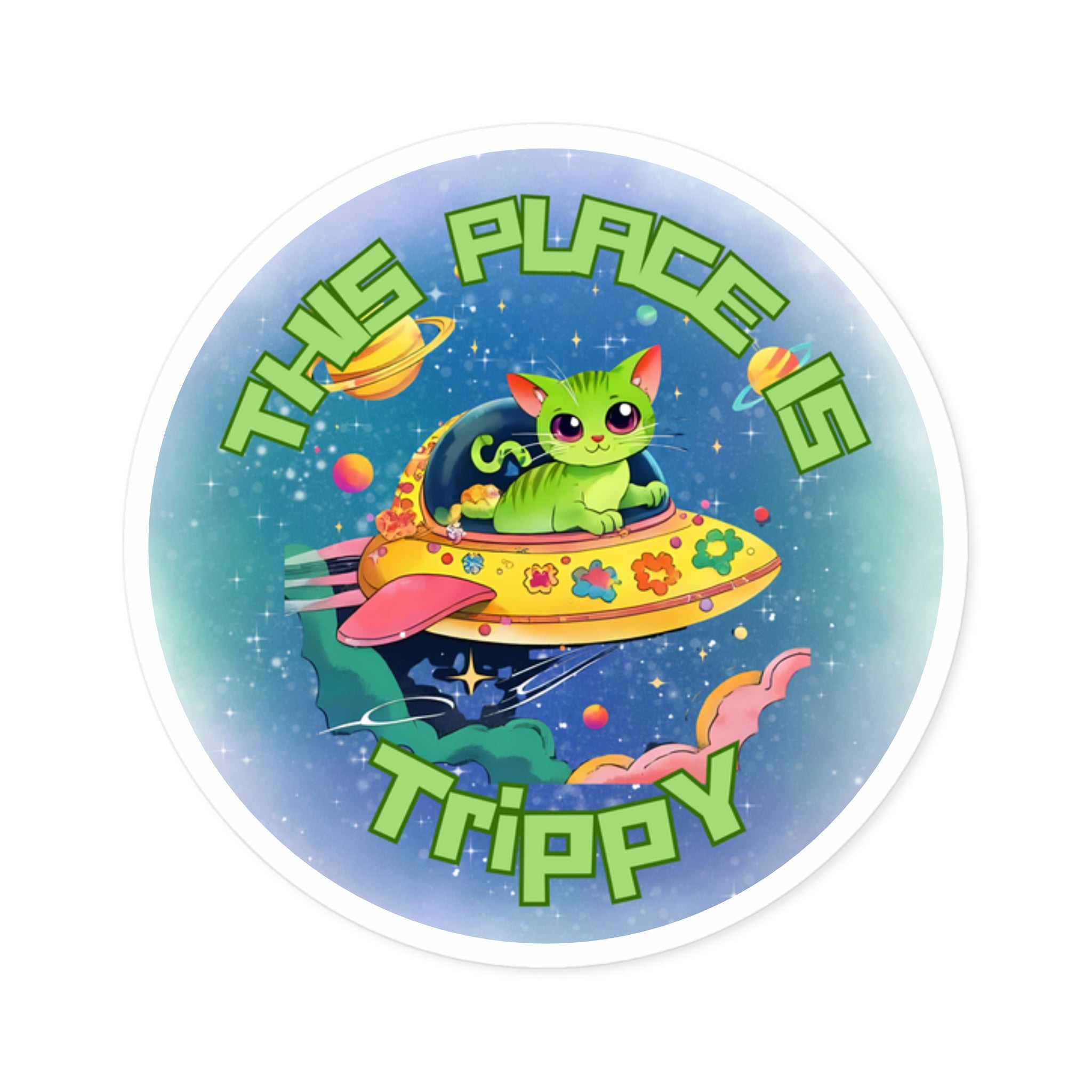 Trippy UFO Cat Stickers, Indoor Outdoor, Laptop Decal, Waterproof Vinyl, Set of 4, Car Bumper, Alien Kitten, Cosmic, Space Cat, Galaxy Kitty