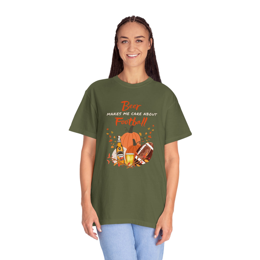 Beer Makes me Care about Football Unisex T-Shirt, Football Season T-Shirt for Men and Women
