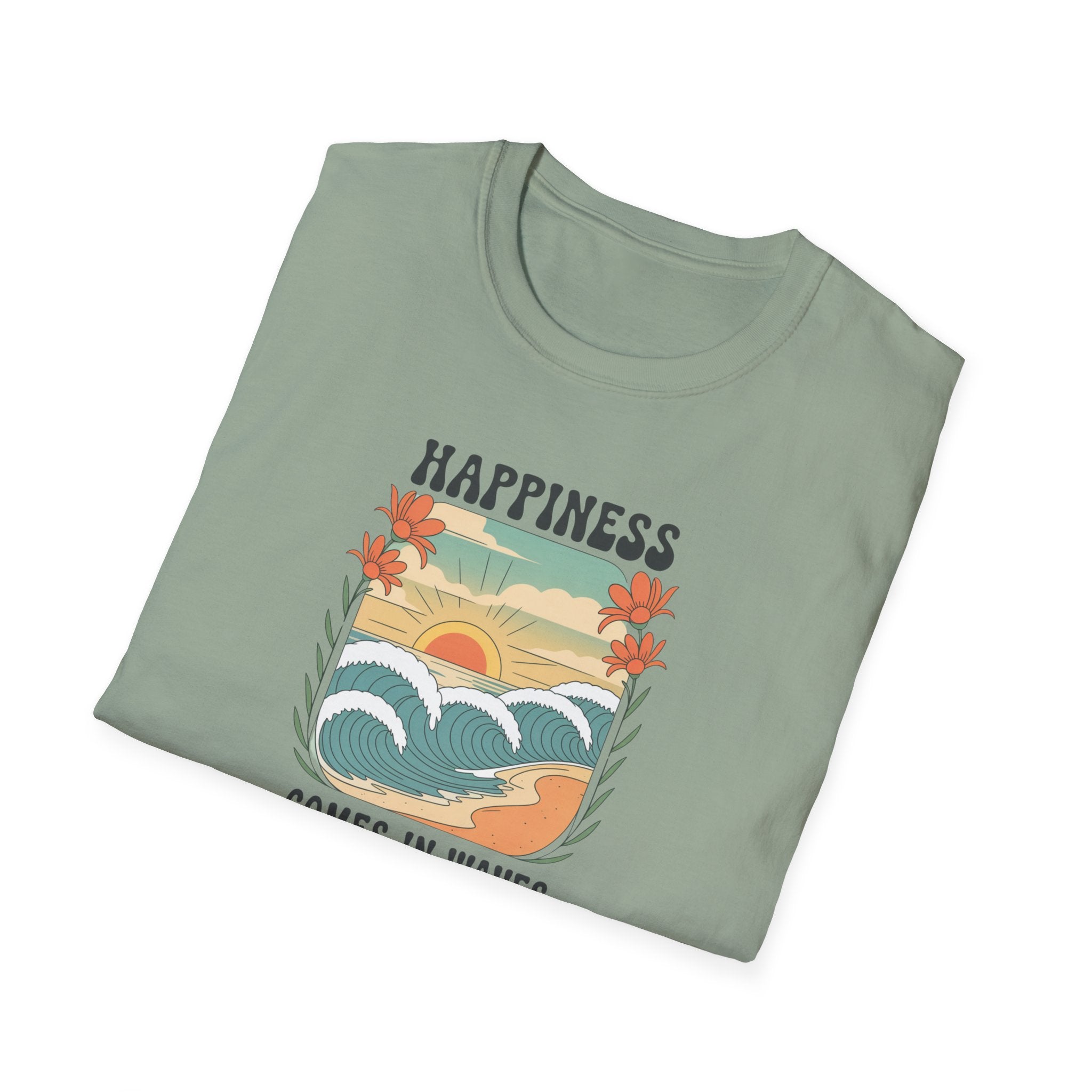 Happiness Comes in Waves T-Shirt, Unisex Softstyle Tee, Summer Graphic Tee, Beach Lover Shirt, Vacation Outfit, Gift for Nature Lovers